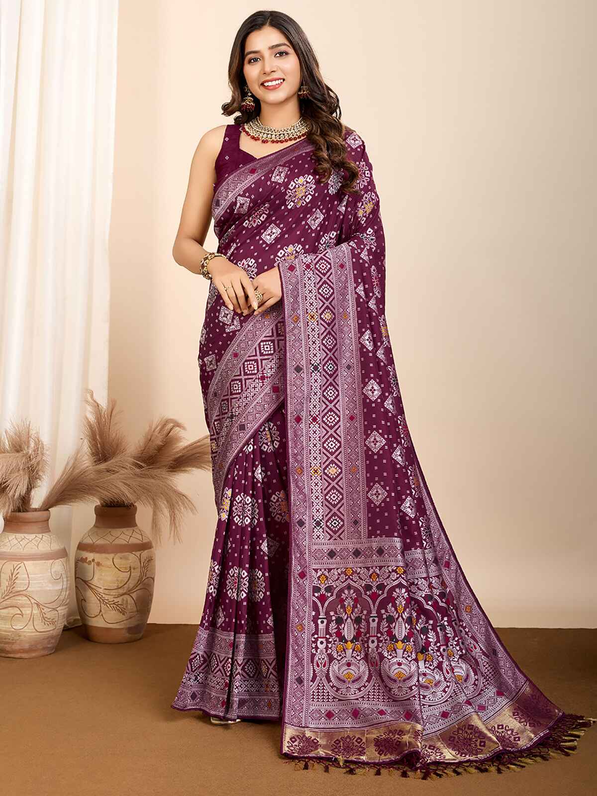 Precious Wine Zari Weaving Silk Festival Wear Saree With Blouse