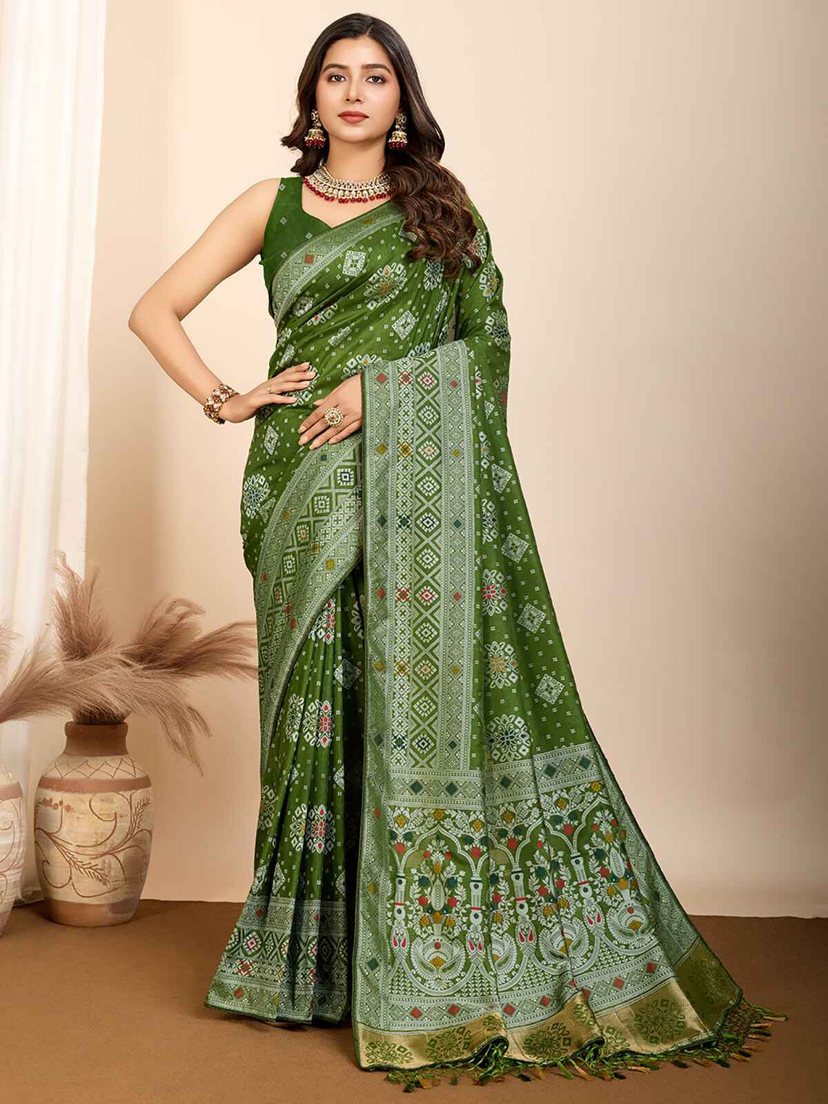 Tantalizing Olive Green Zari Weaving Silk Mehendi Wear Saree