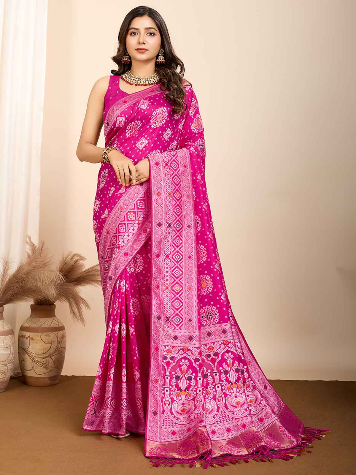 Beautiful Rani Pink Zari Weaving Silk Wedding Saree With Blouse