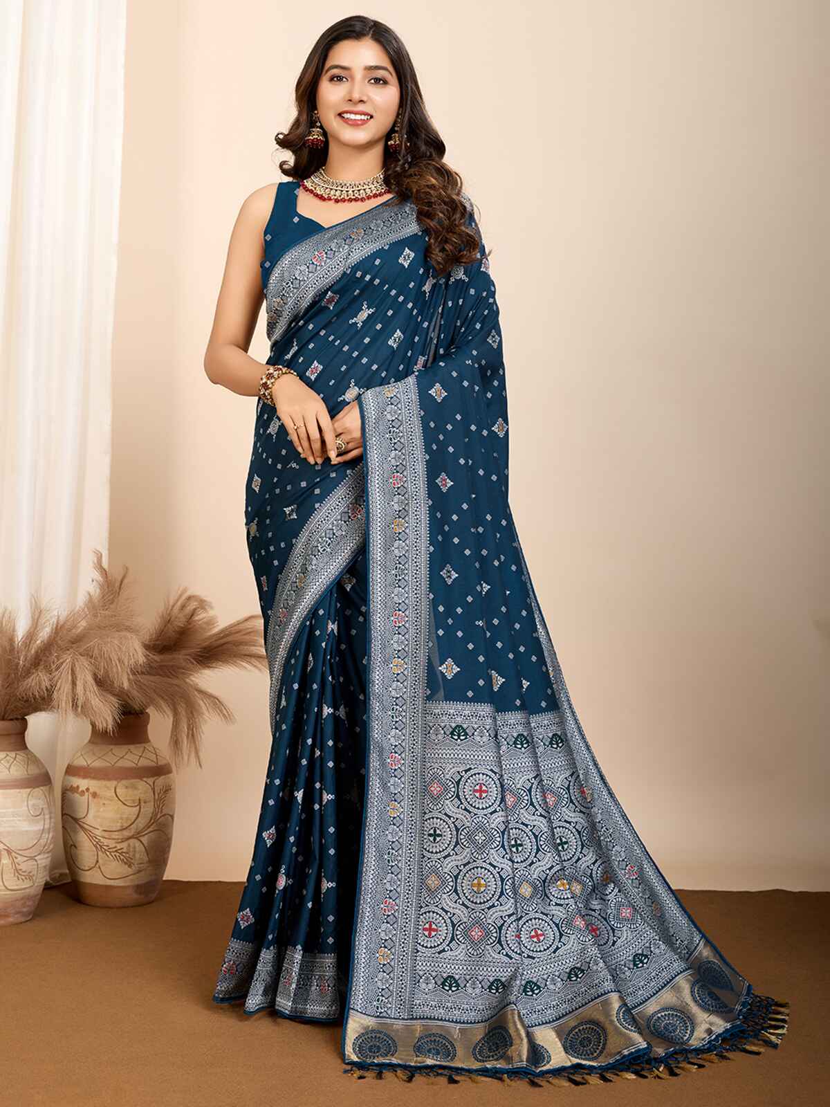 Winsome Teal Blue Zari Weaving Silk Function Wear Saree With Blouse