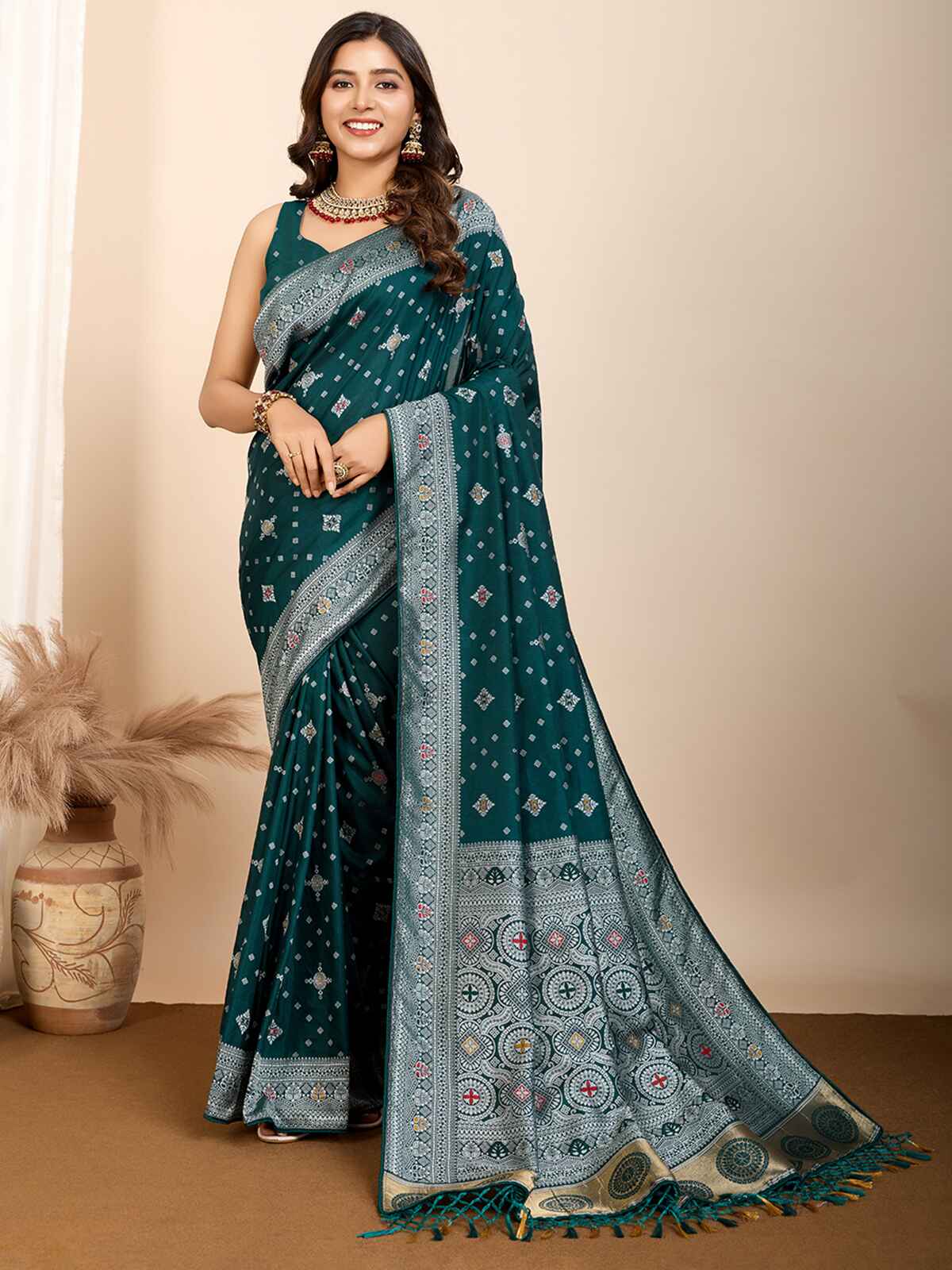 Beautiful Green Zari Weaving Silk Festival Wear Saree With Blouse