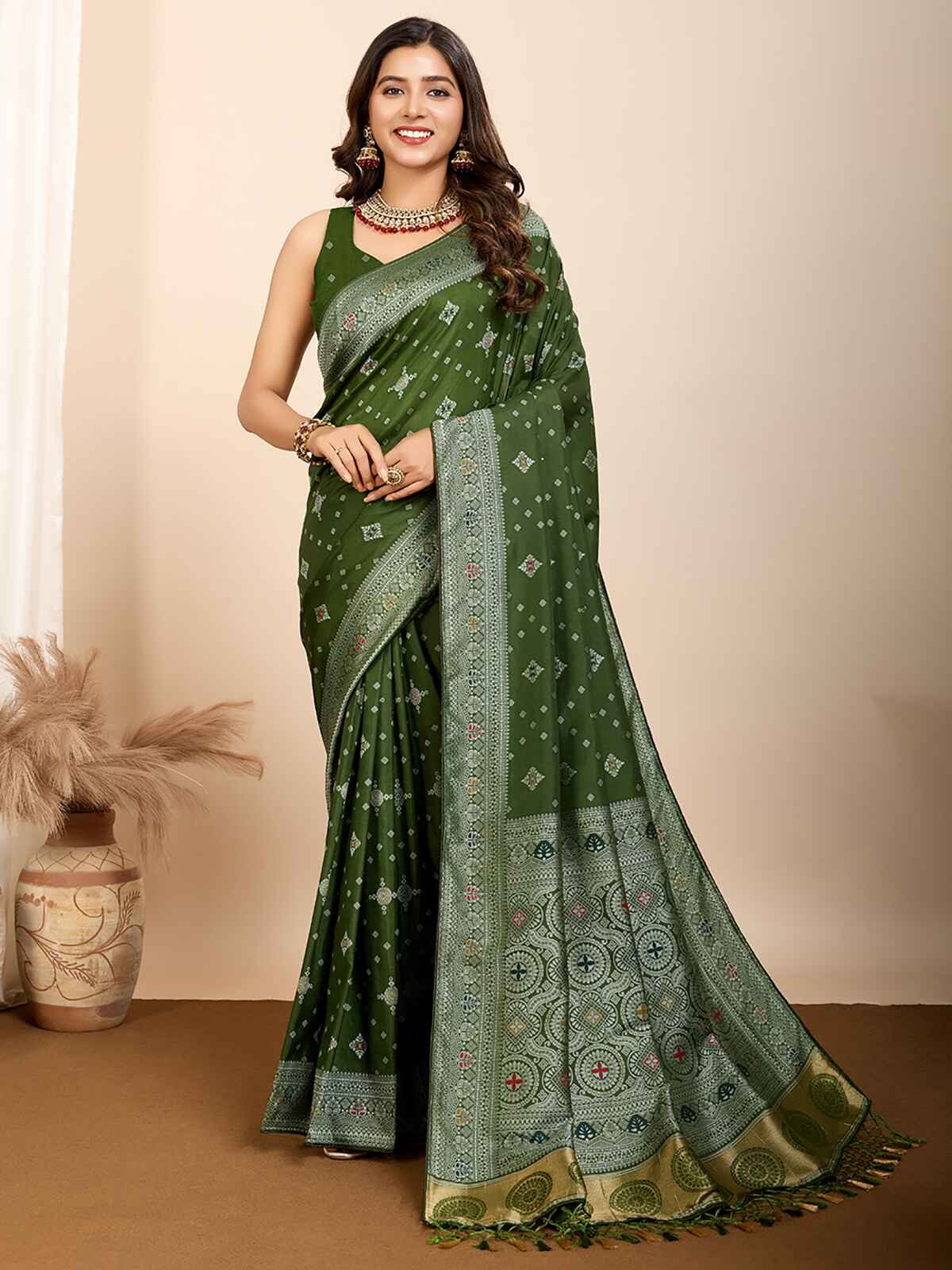 Glamorous Olive Green Zari Weaving Silk Mehendi Wear Saree