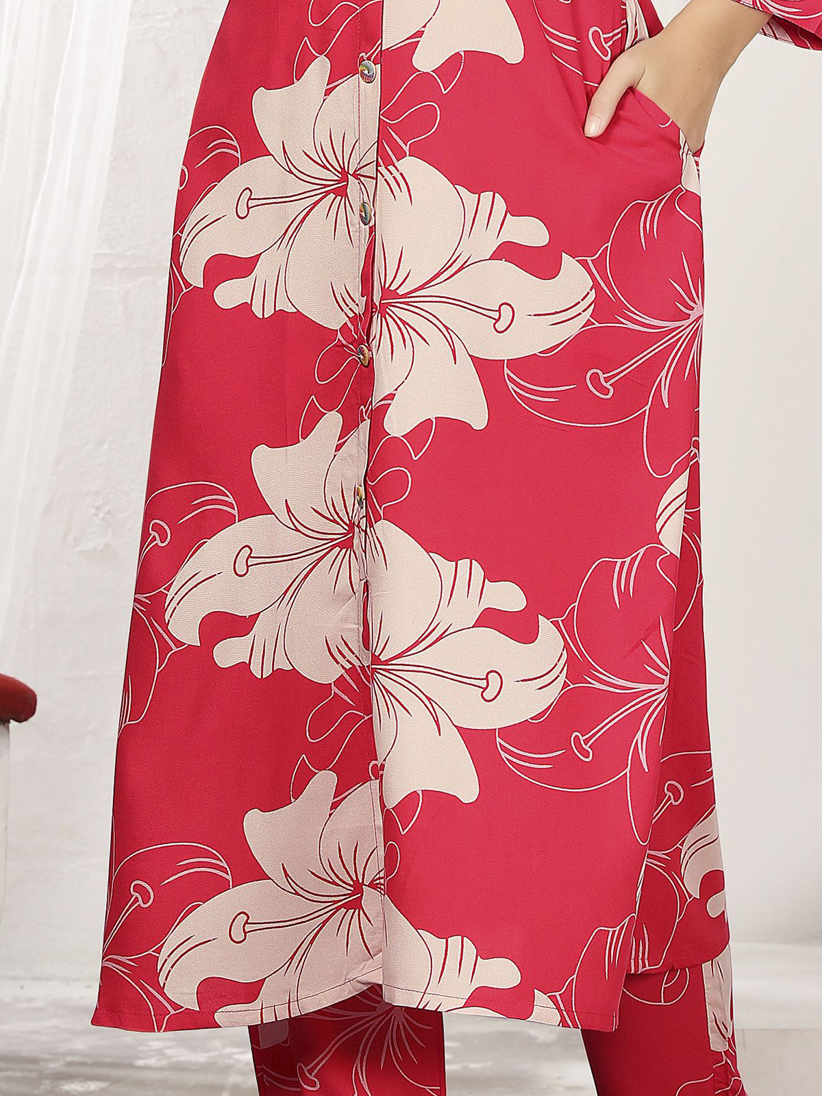 Wonderful Red Floral Printed Rayon Silk Casual Wear Kurti With Pant
