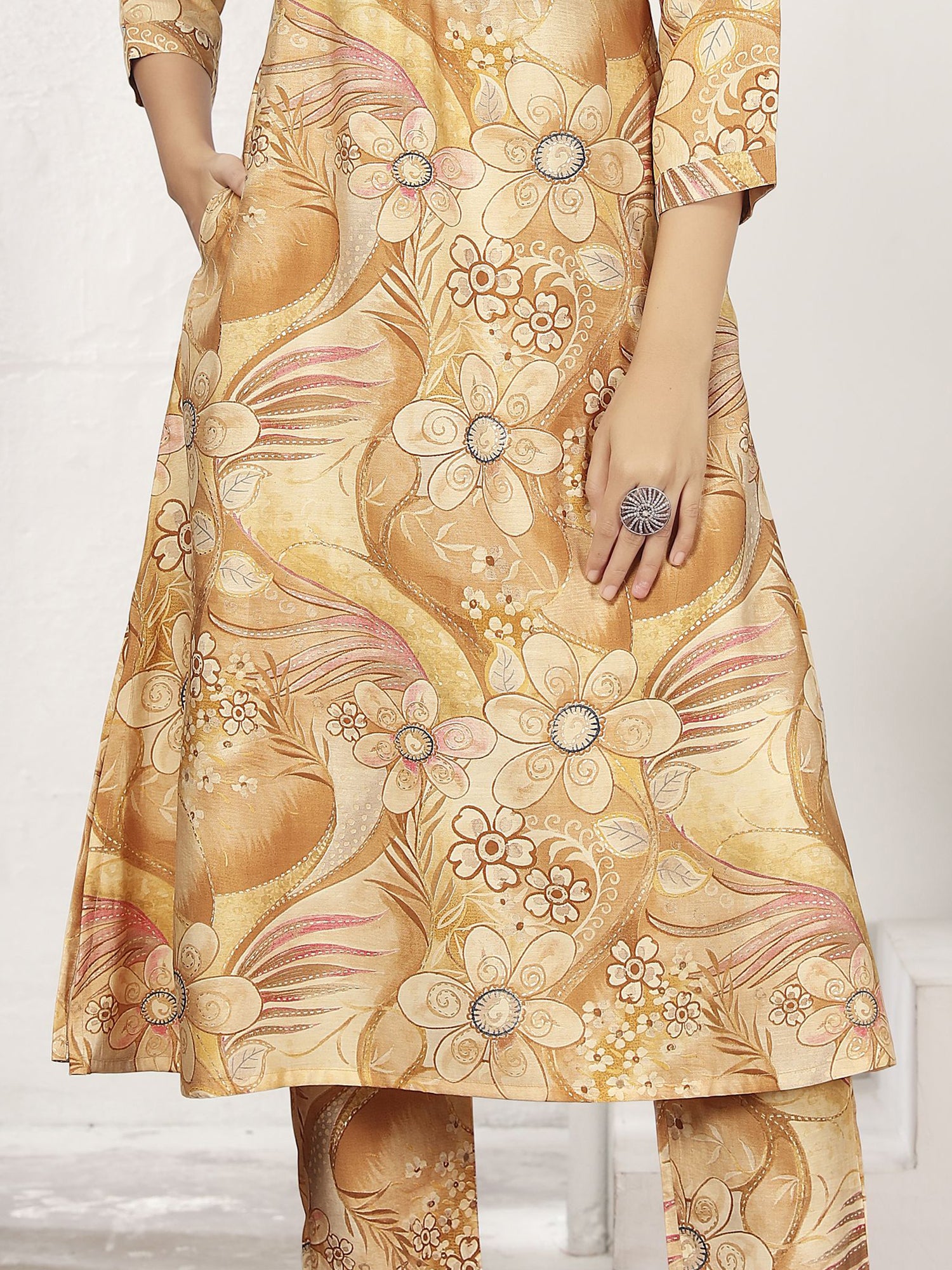 Awesome Beige Floral Printed Chanderi Silk Casual Wear Kurti With Pant