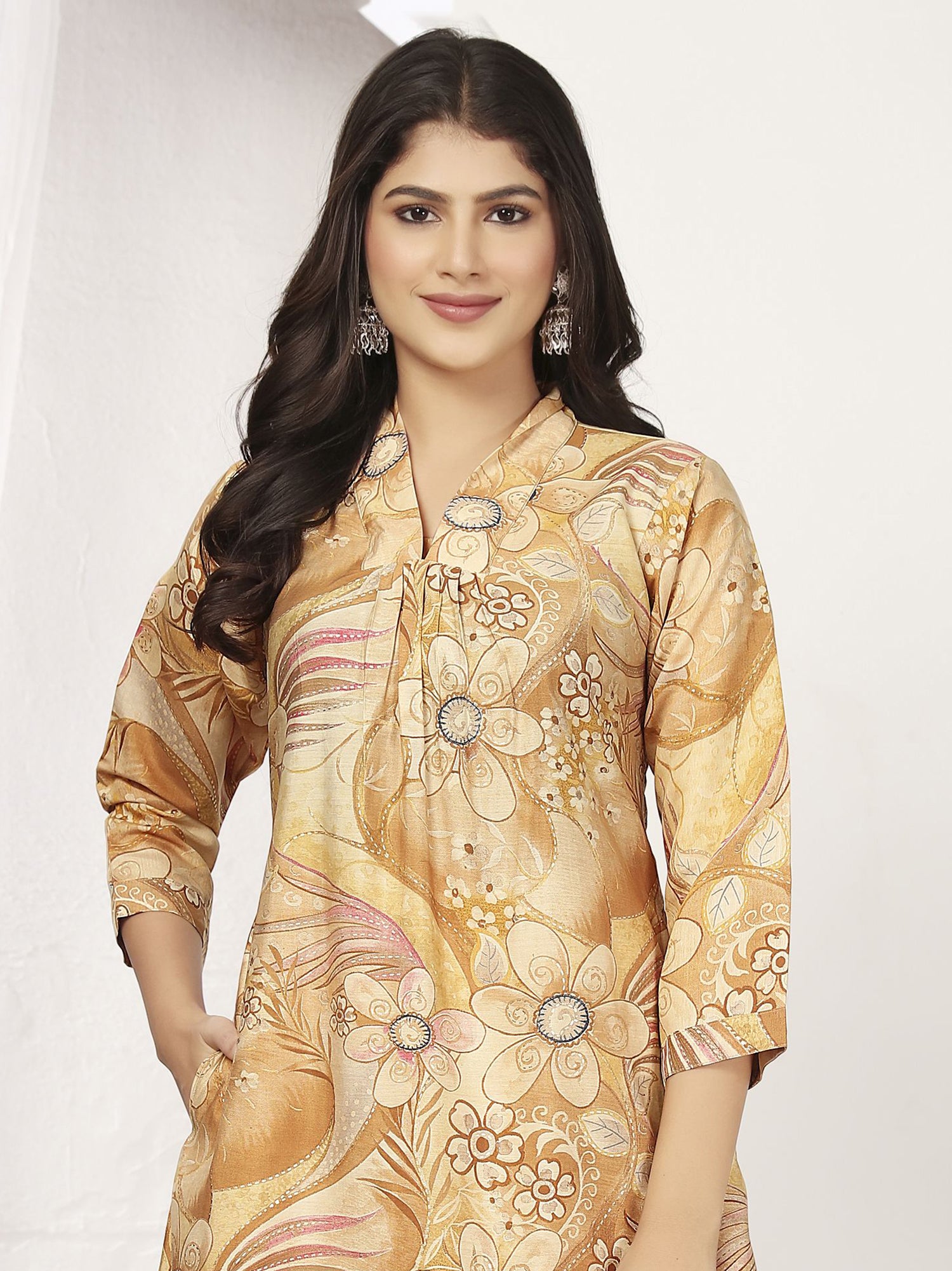 Awesome Beige Floral Printed Chanderi Silk Casual Wear Kurti With Pant