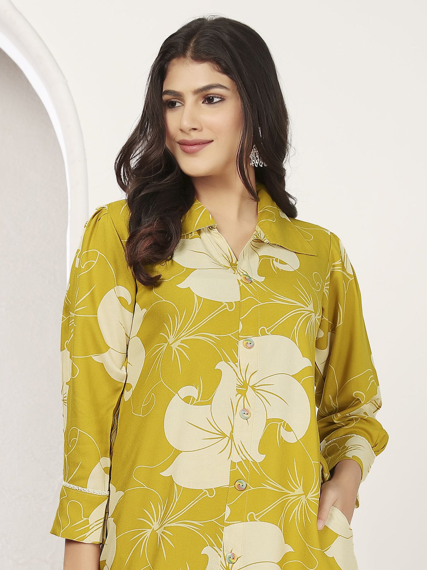 Incredible Mustard Yellow Floral Printed Rayon Silk Kurti With Pant