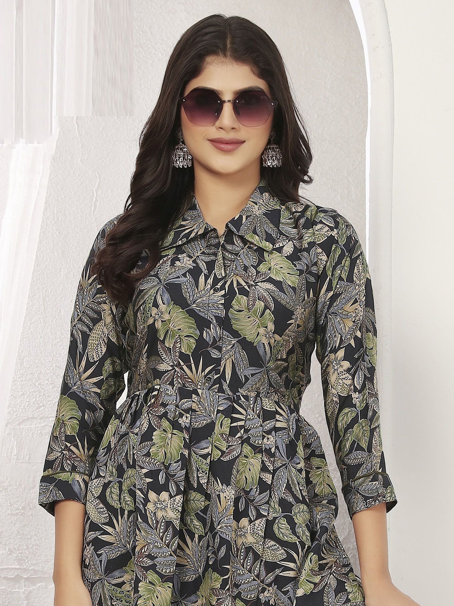 Pretty Navy Blue Floral Printed Rayon Silk Casual Wear Kurti With Pant