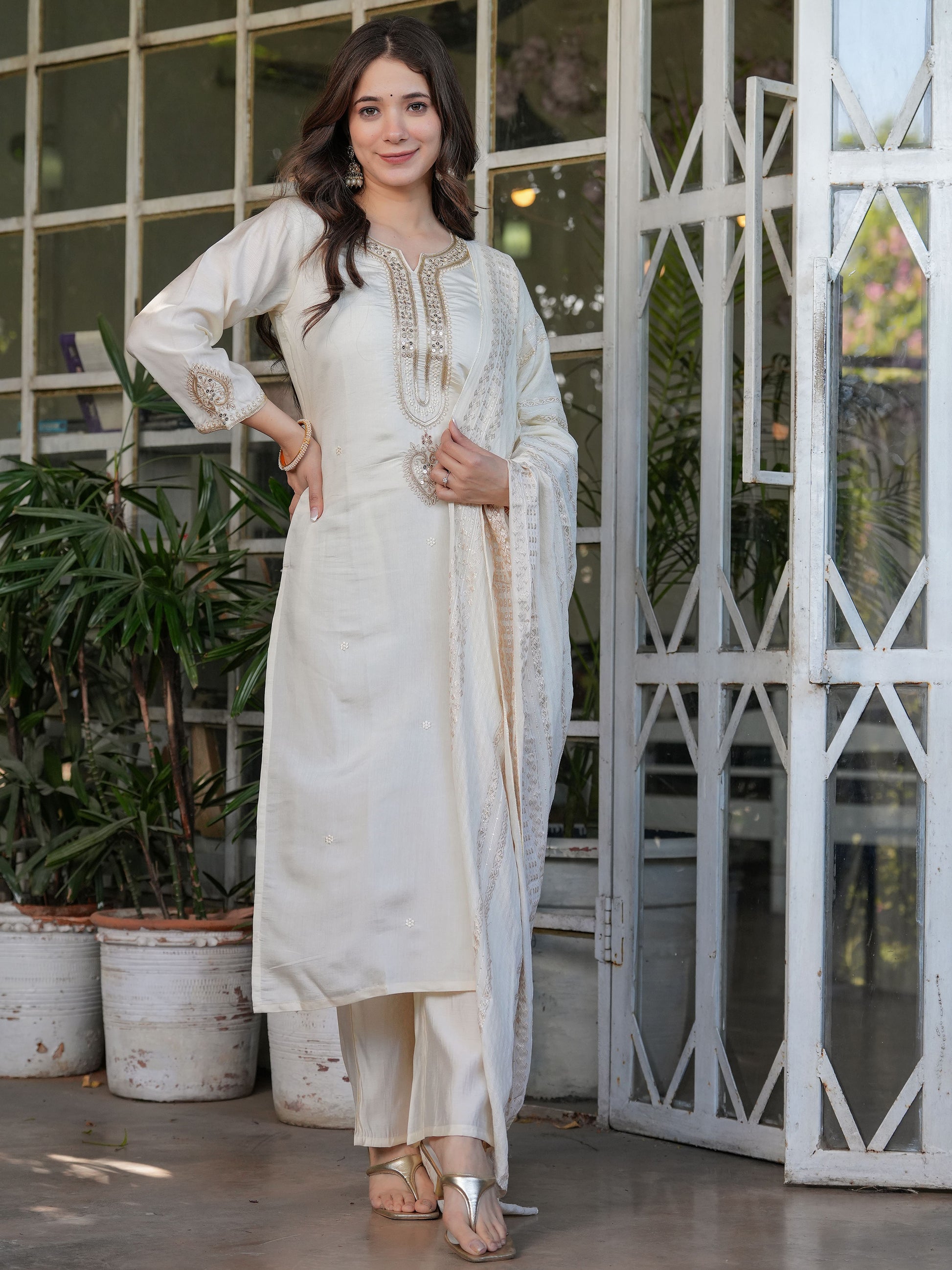 Enchanting Off-White Sequins Viscose Silk Festive Wear Pant Suit