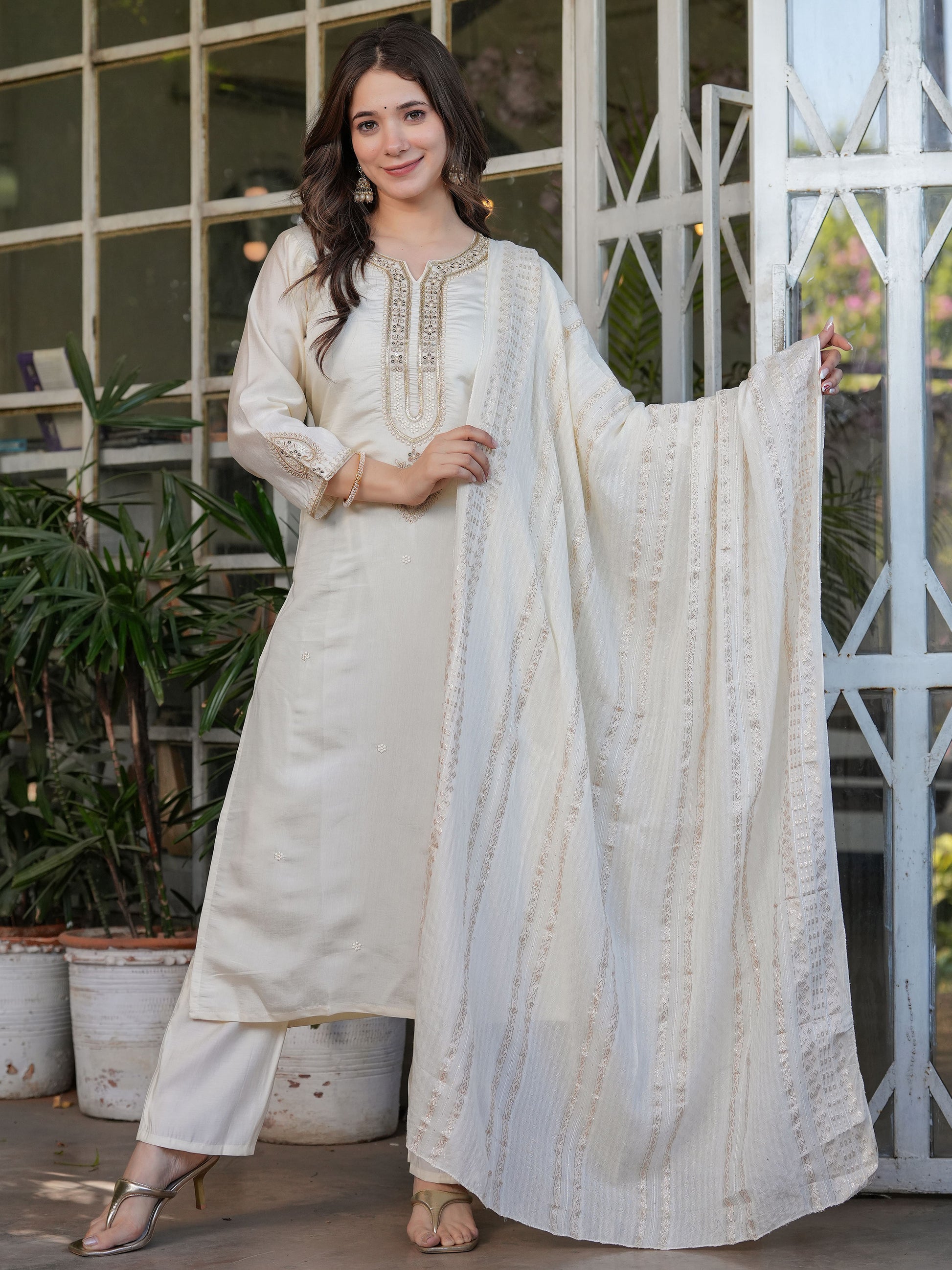 Enchanting Off-White Sequins Viscose Silk Festive Wear Pant Suit