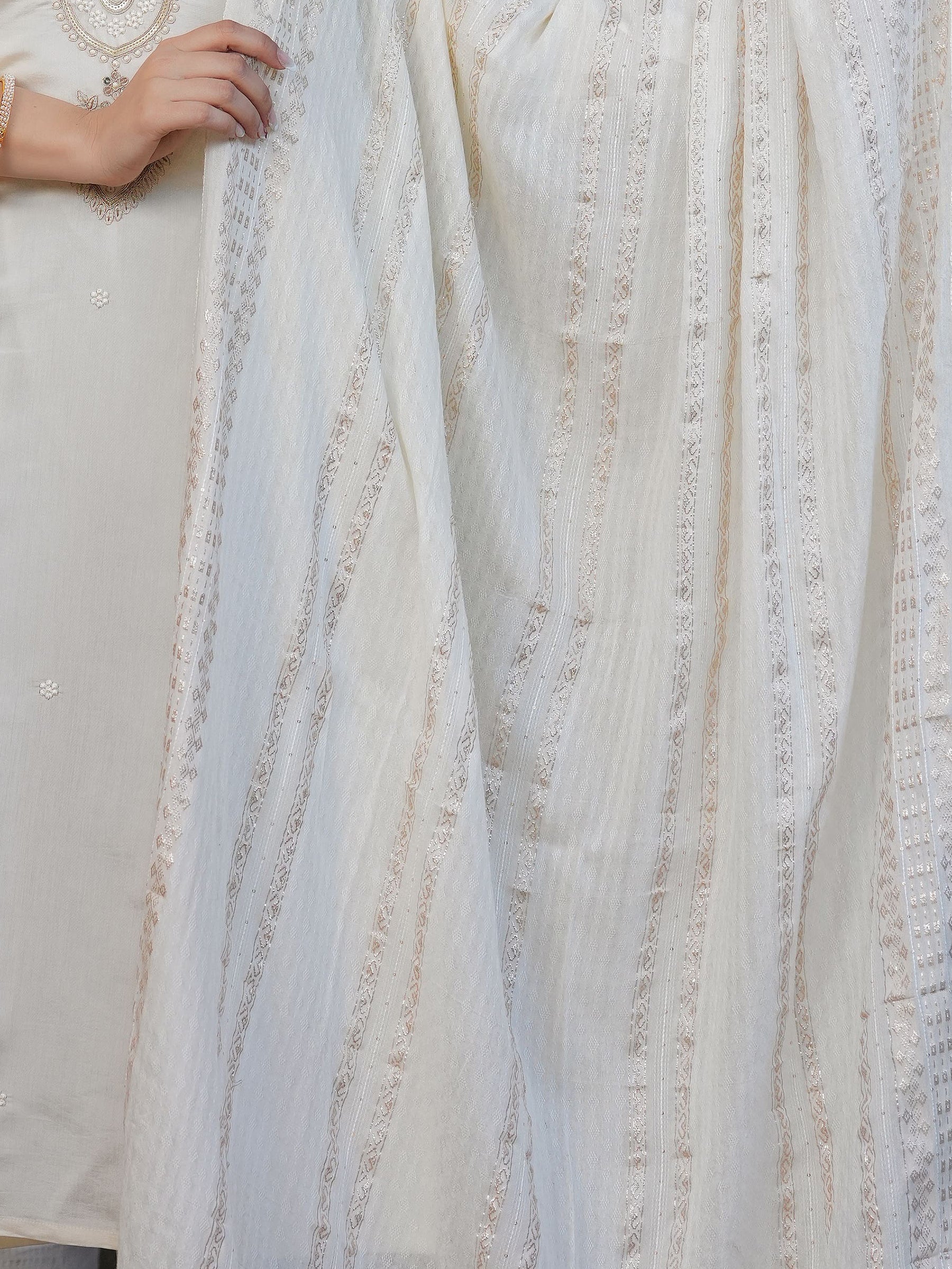Enchanting Off-White Sequins Viscose Silk Festive Wear Pant Suit