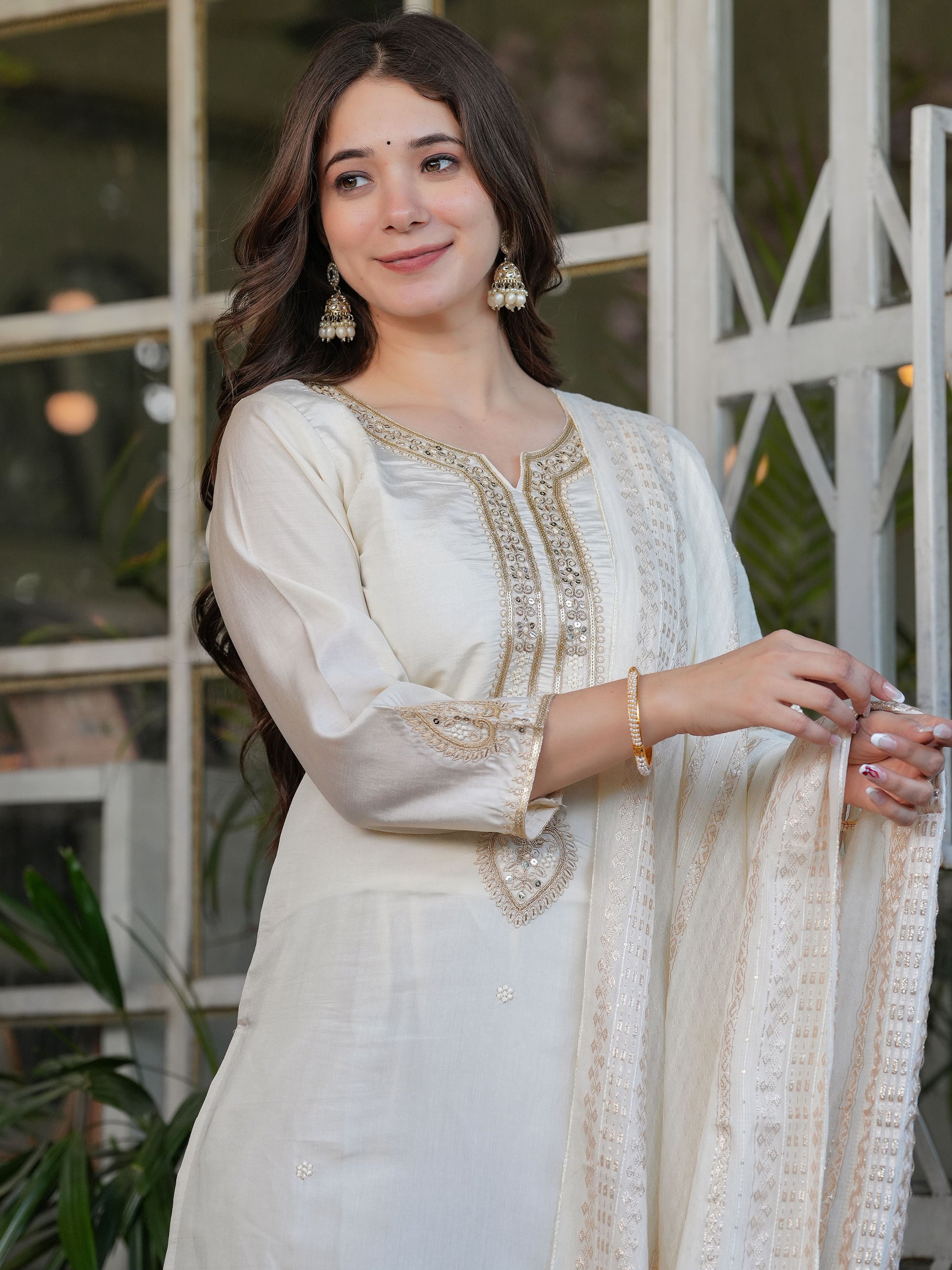 Enchanting Off-White Sequins Viscose Silk Festive Wear Pant Suit