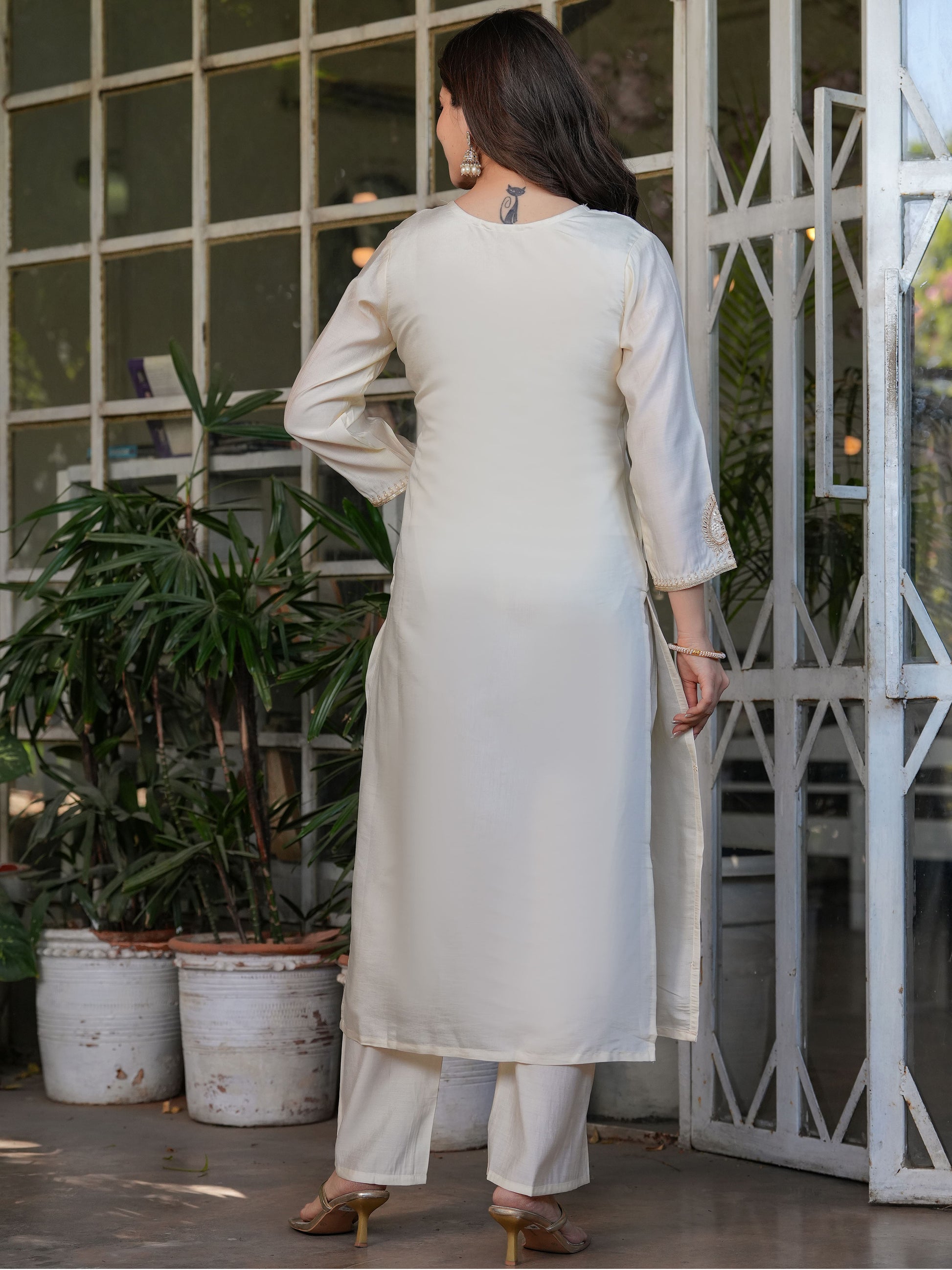 Enchanting Off-White Sequins Viscose Silk Festive Wear Pant Suit