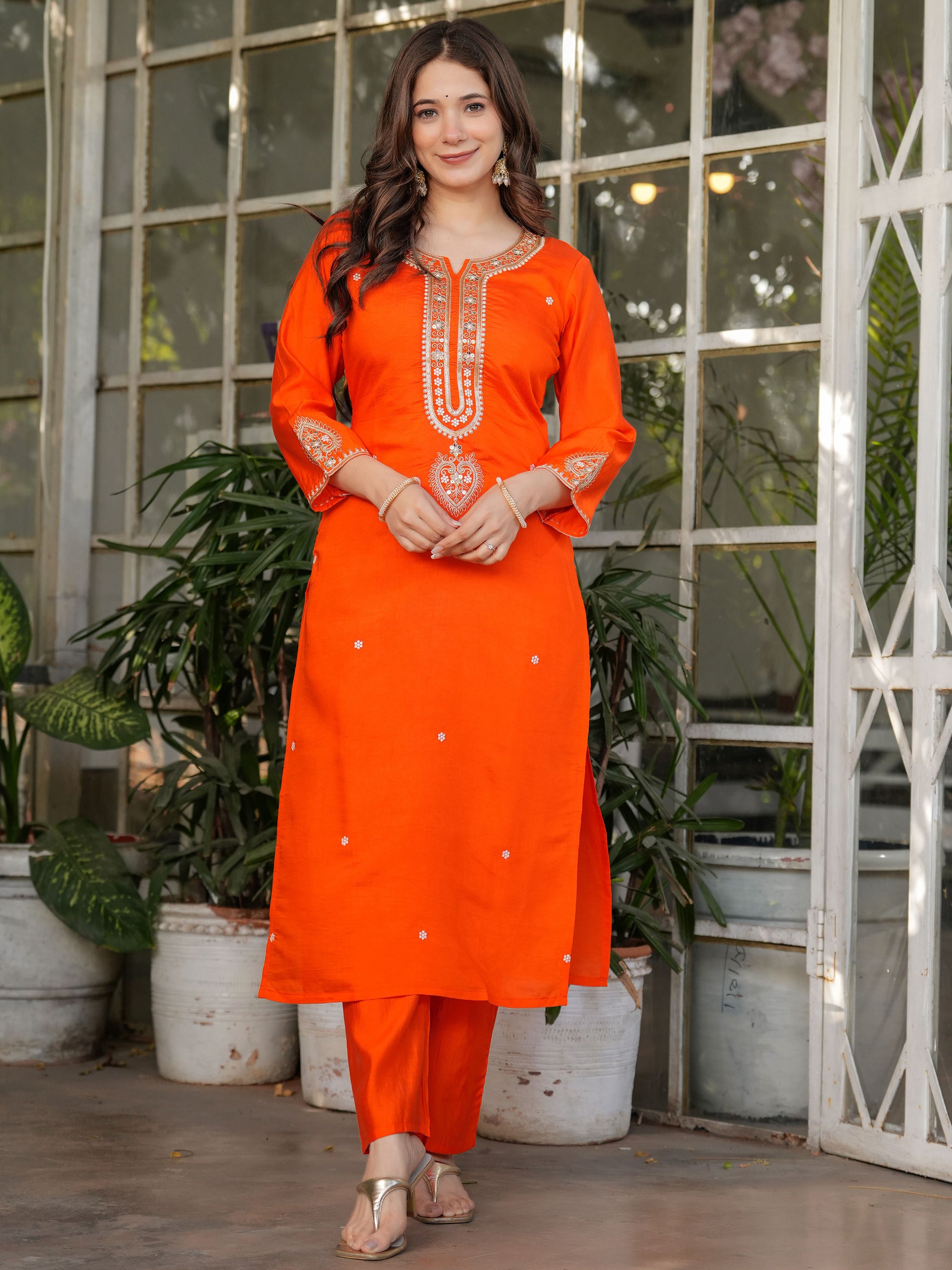 Dazzling Orange Sequins Viscose Silk Traditional Pant Suit