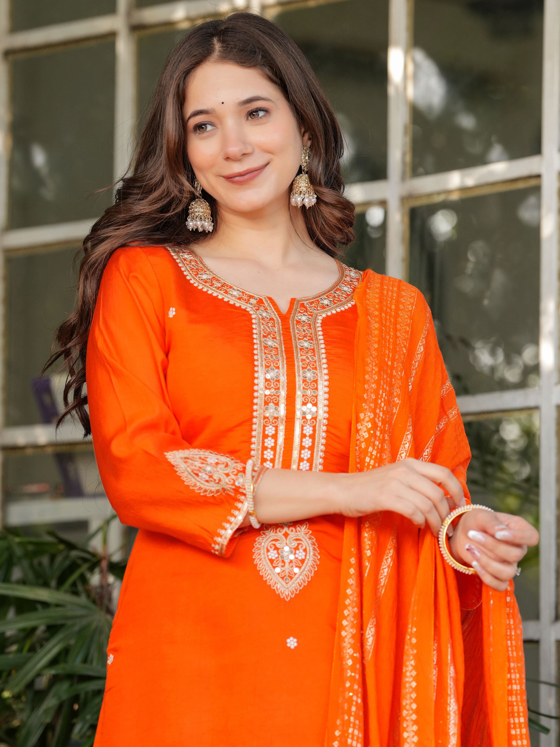 Dazzling Orange Sequins Viscose Silk Traditional Pant Suit