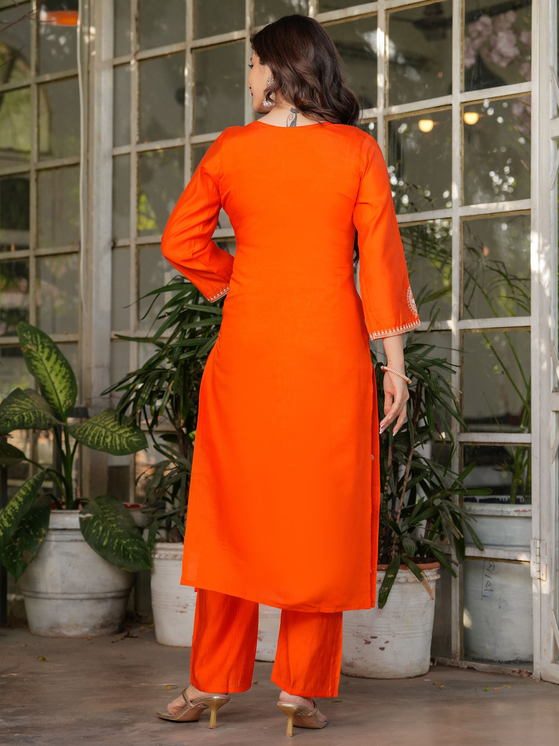 Dazzling Orange Sequins Viscose Silk Traditional Pant Suit