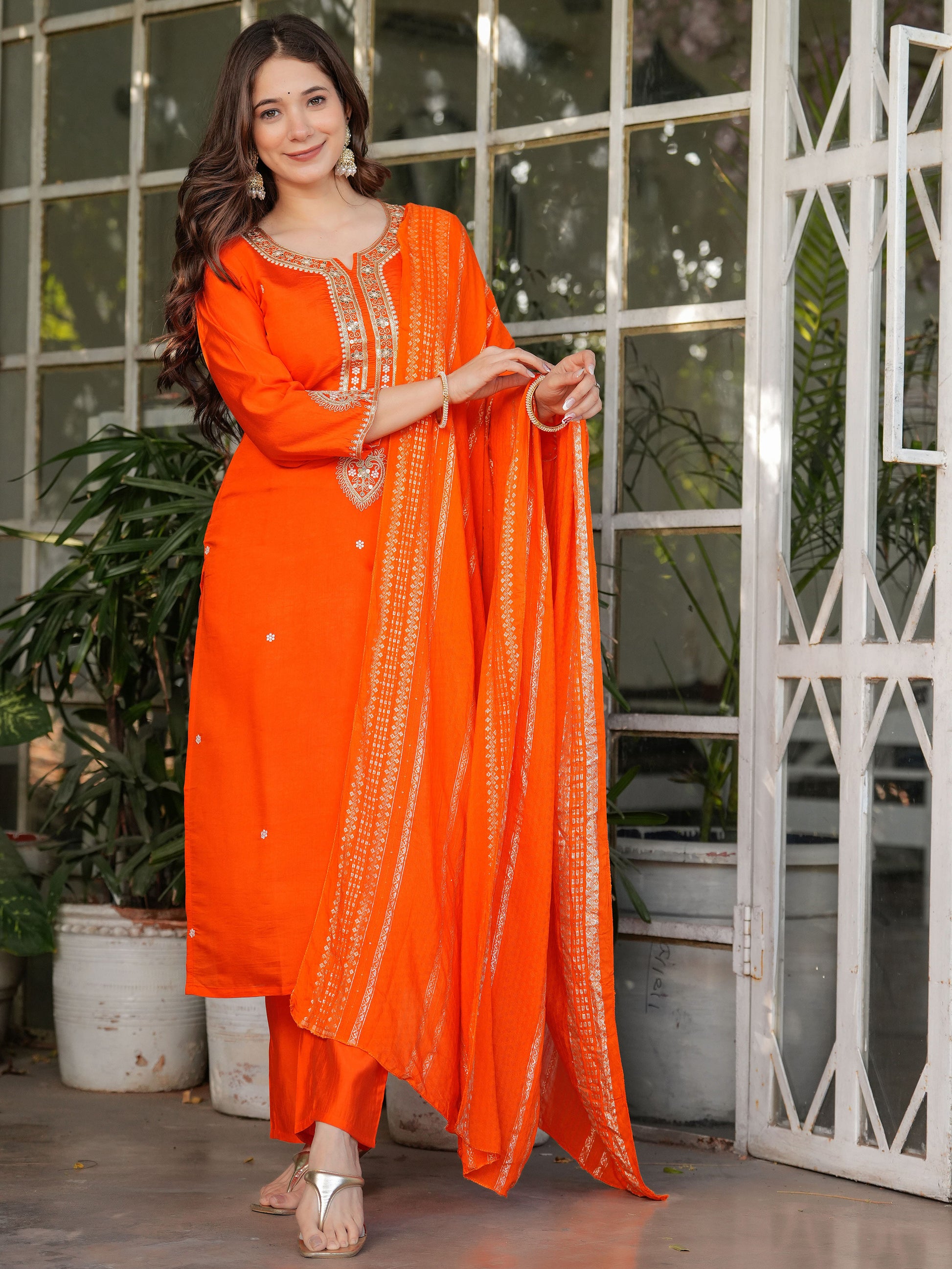 Dazzling Orange Sequins Viscose Silk Traditional Pant Suit