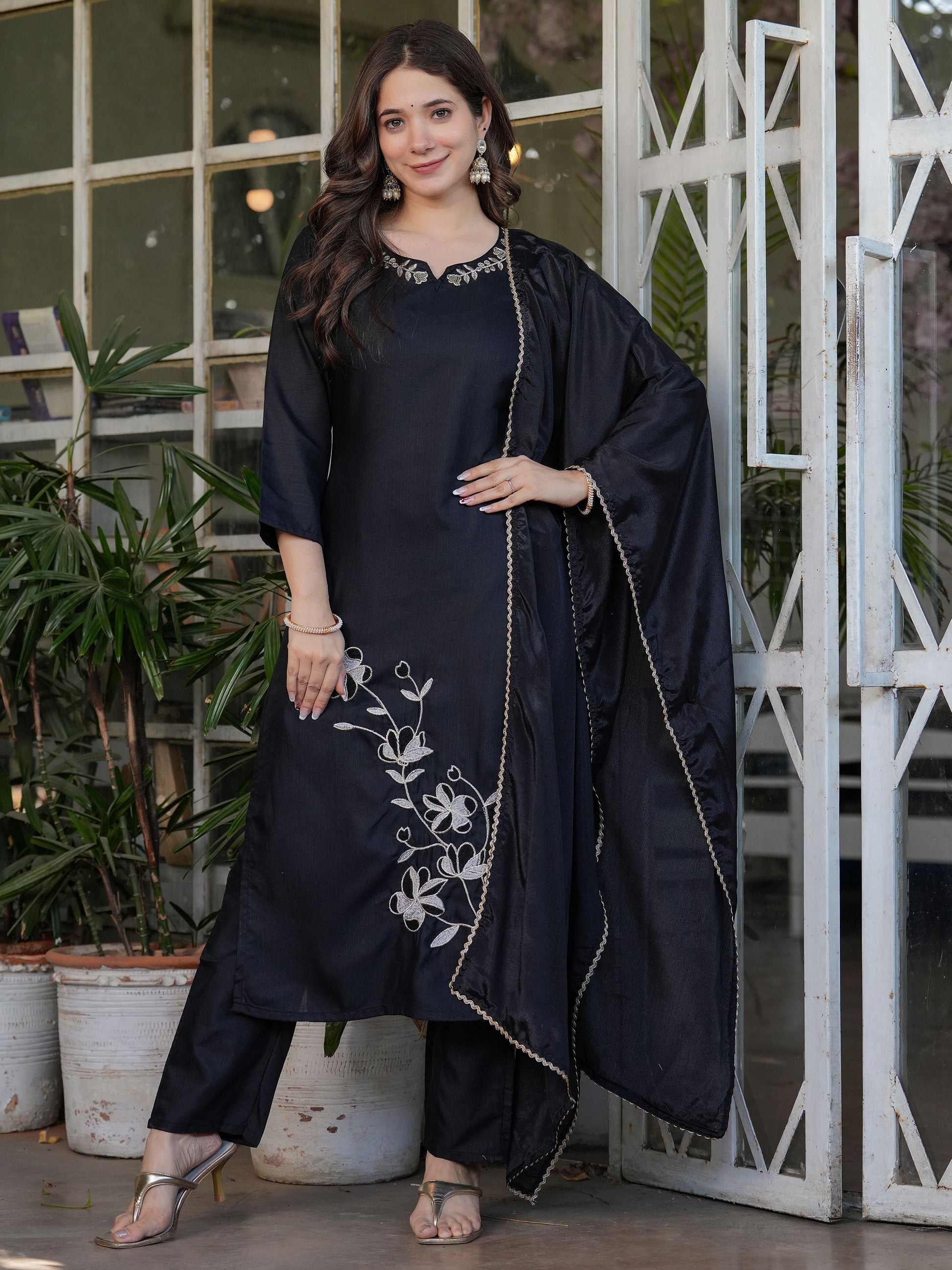 Stunning Black Embroidered Viscose Silk Pant Suit With Dupatta