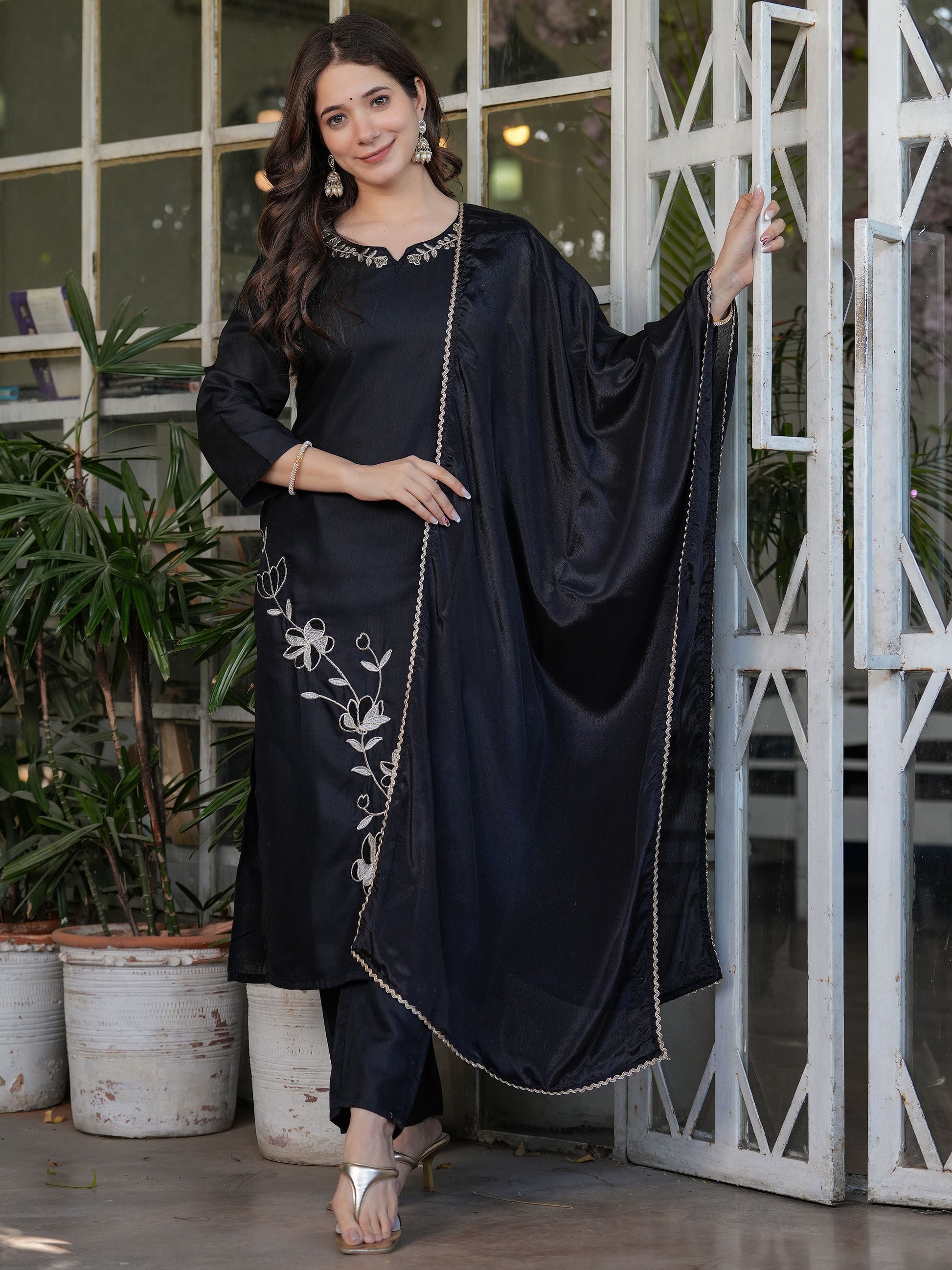 Stunning Black Embroidered Viscose Silk Pant Suit With Dupatta