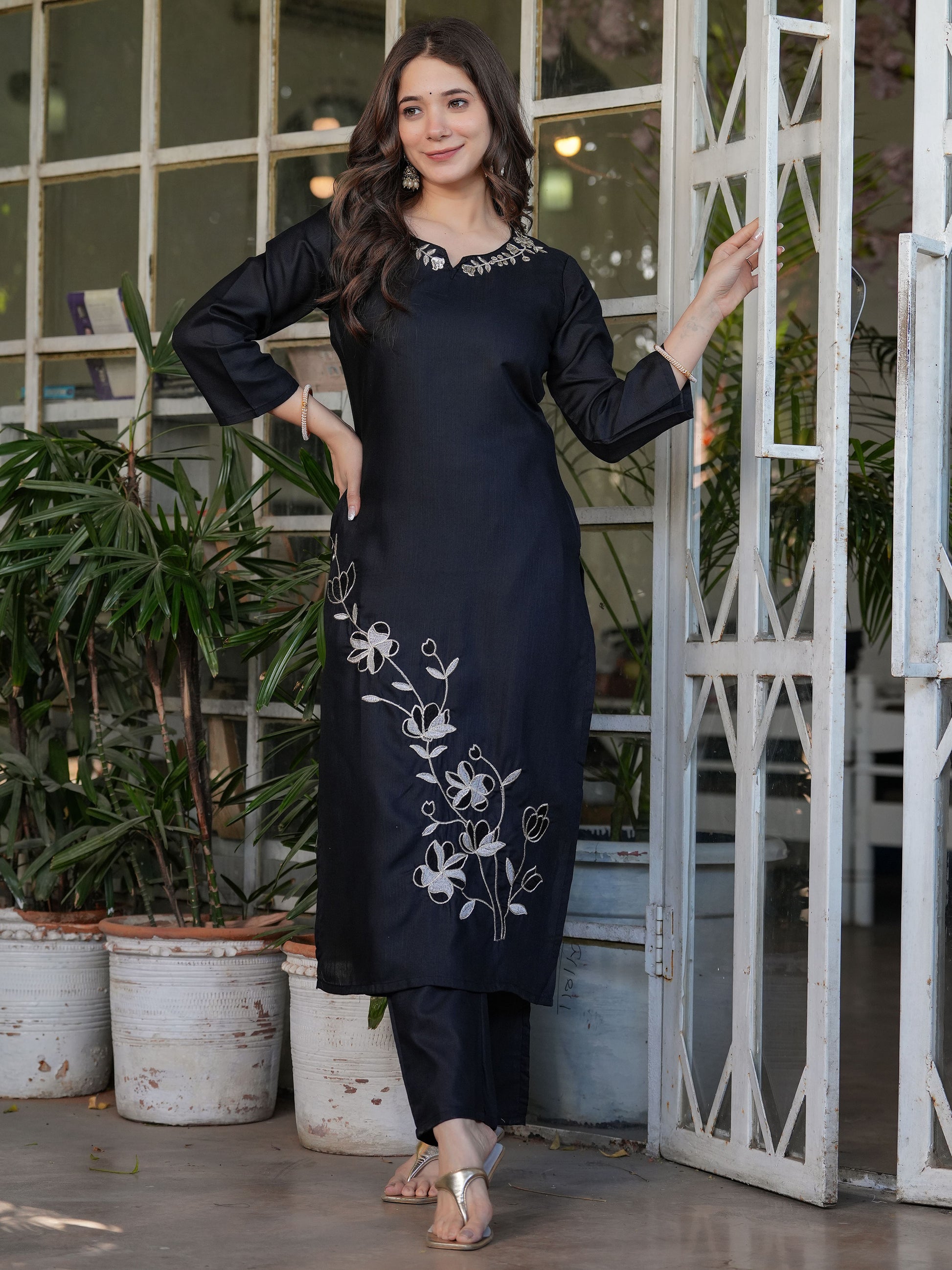 Stunning Black Embroidered Viscose Silk Pant Suit With Dupatta