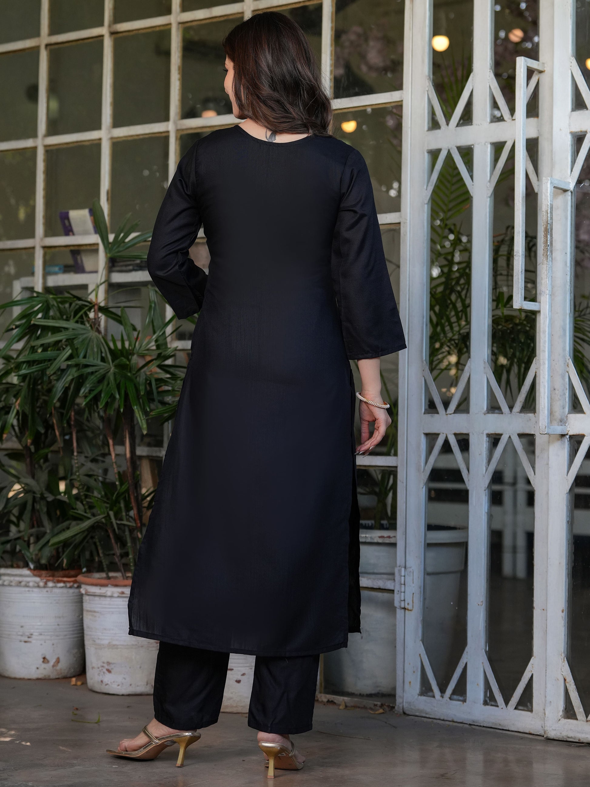 Stunning Black Embroidered Viscose Silk Pant Suit With Dupatta