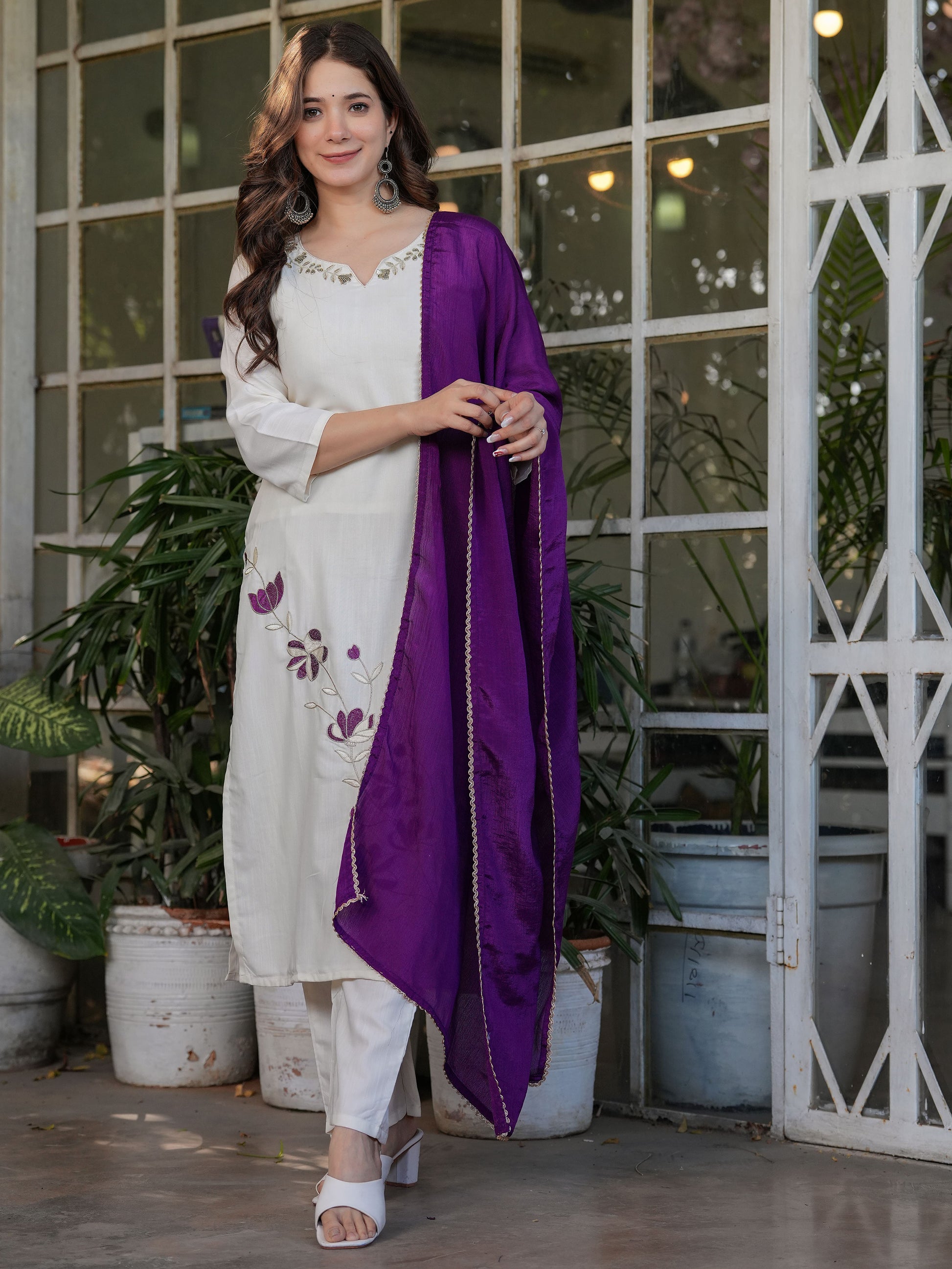 Fascinating Off-White Embroidered Viscose Silk Casual Wear Pant Suit