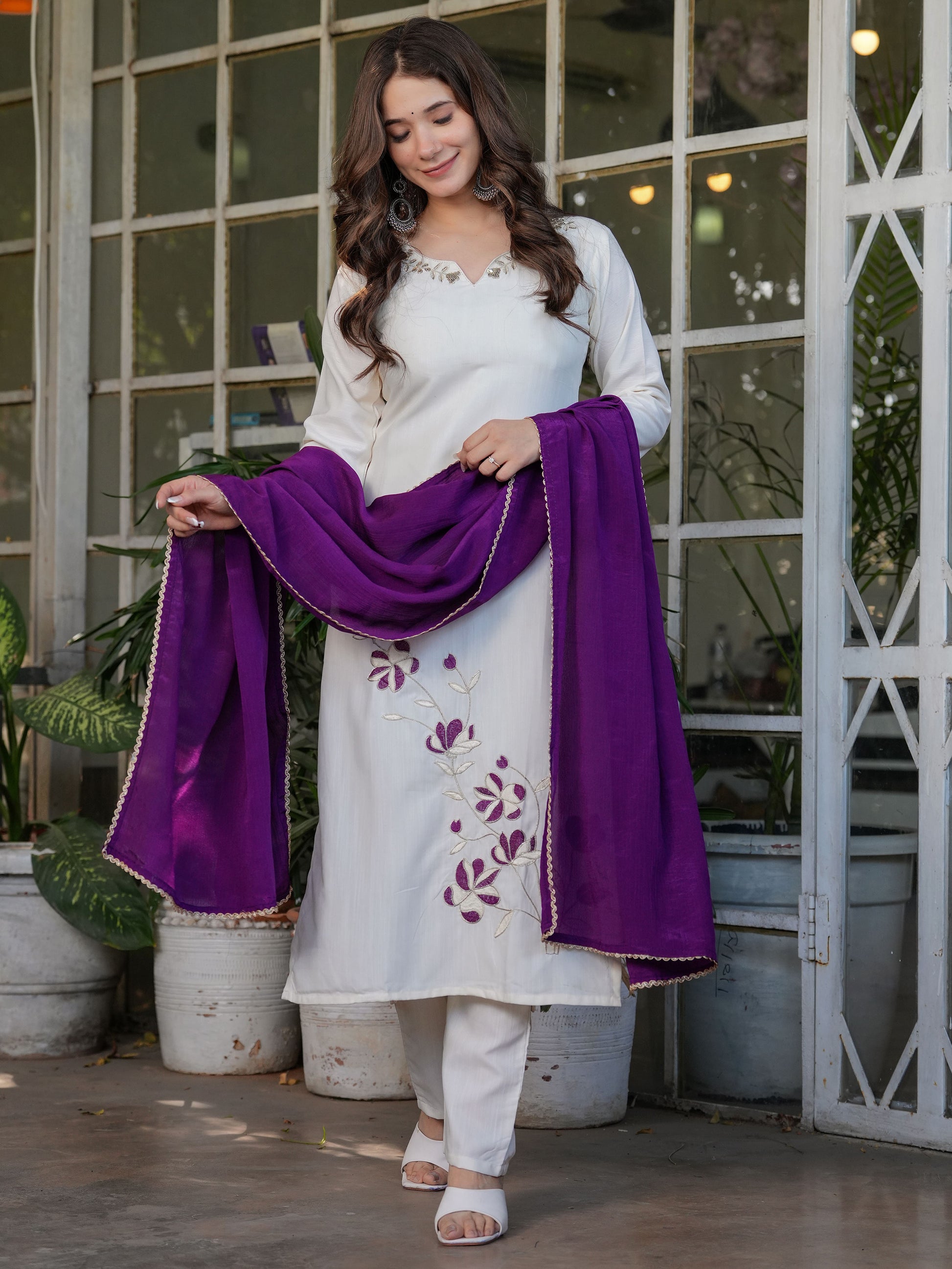Fascinating Off-White Embroidered Viscose Silk Casual Wear Pant Suit