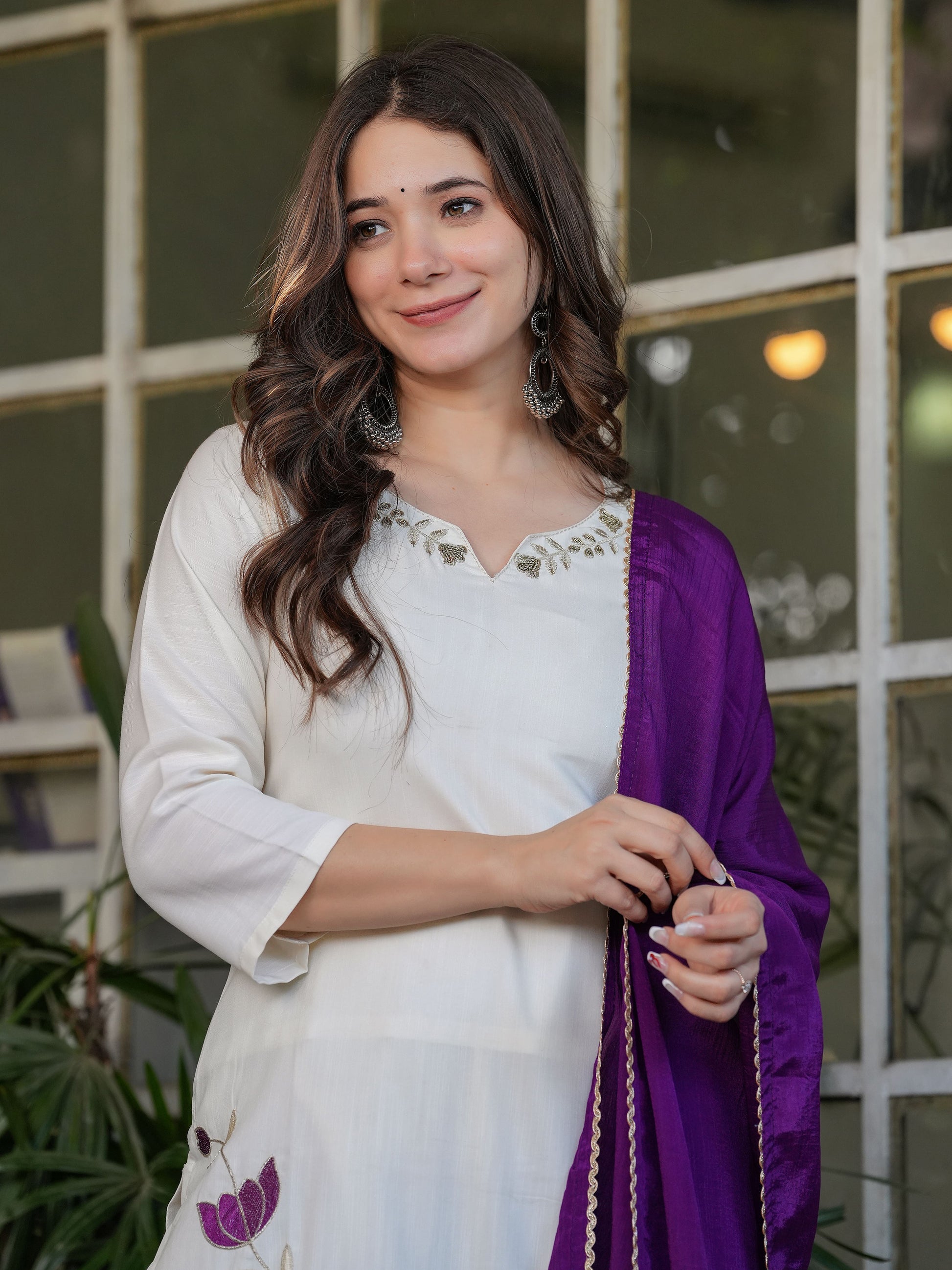 Fascinating Off-White Embroidered Viscose Silk Casual Wear Pant Suit