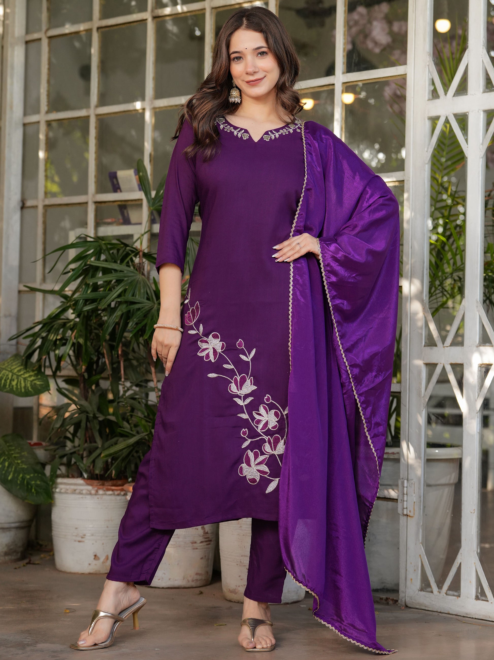 Adorable Wine Embroidered Viscose Silk Straight Pant Suit With Dupatta