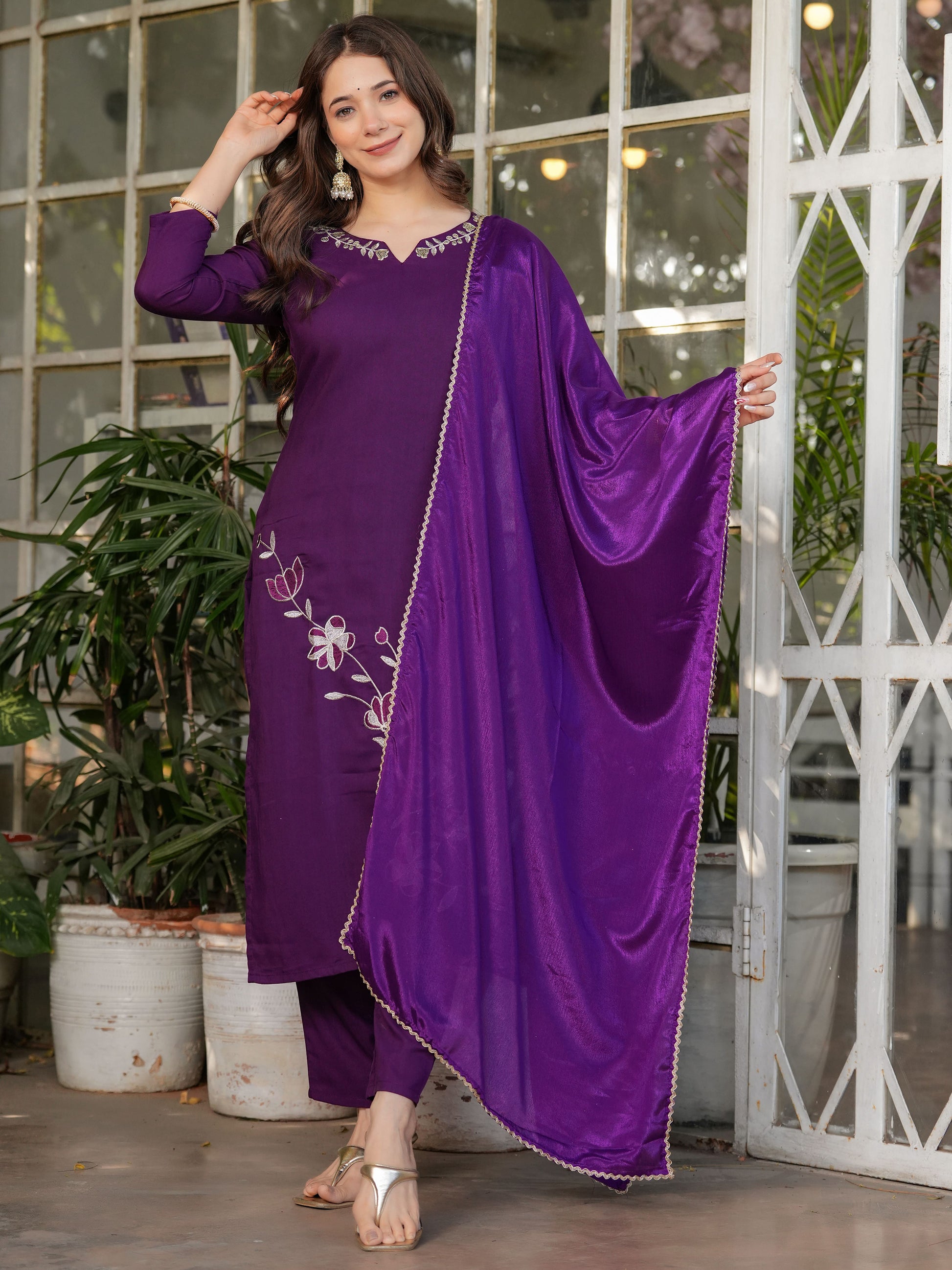 Adorable Wine Embroidered Viscose Silk Straight Pant Suit With Dupatta