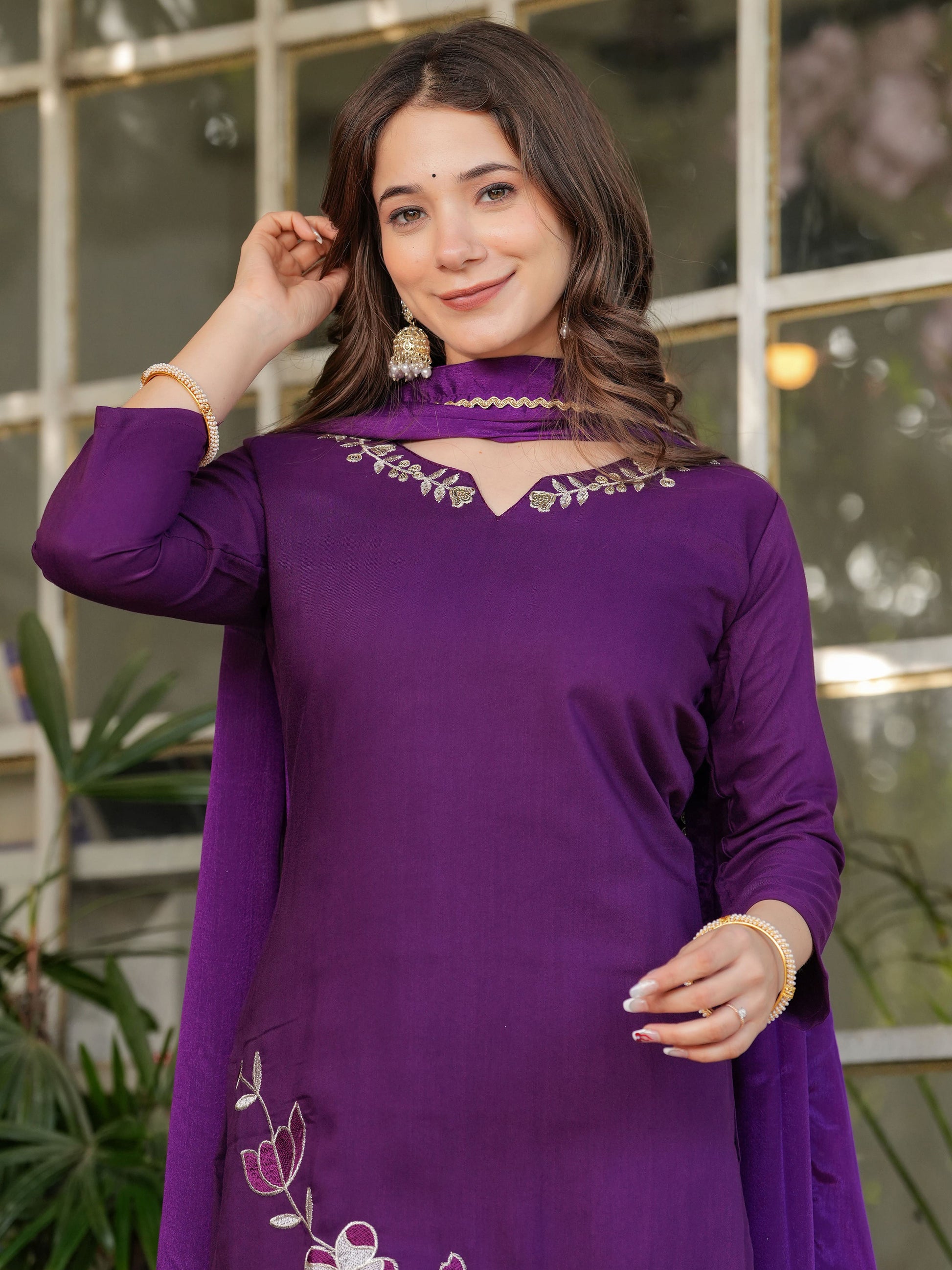 Adorable Wine Embroidered Viscose Silk Straight Pant Suit With Dupatta