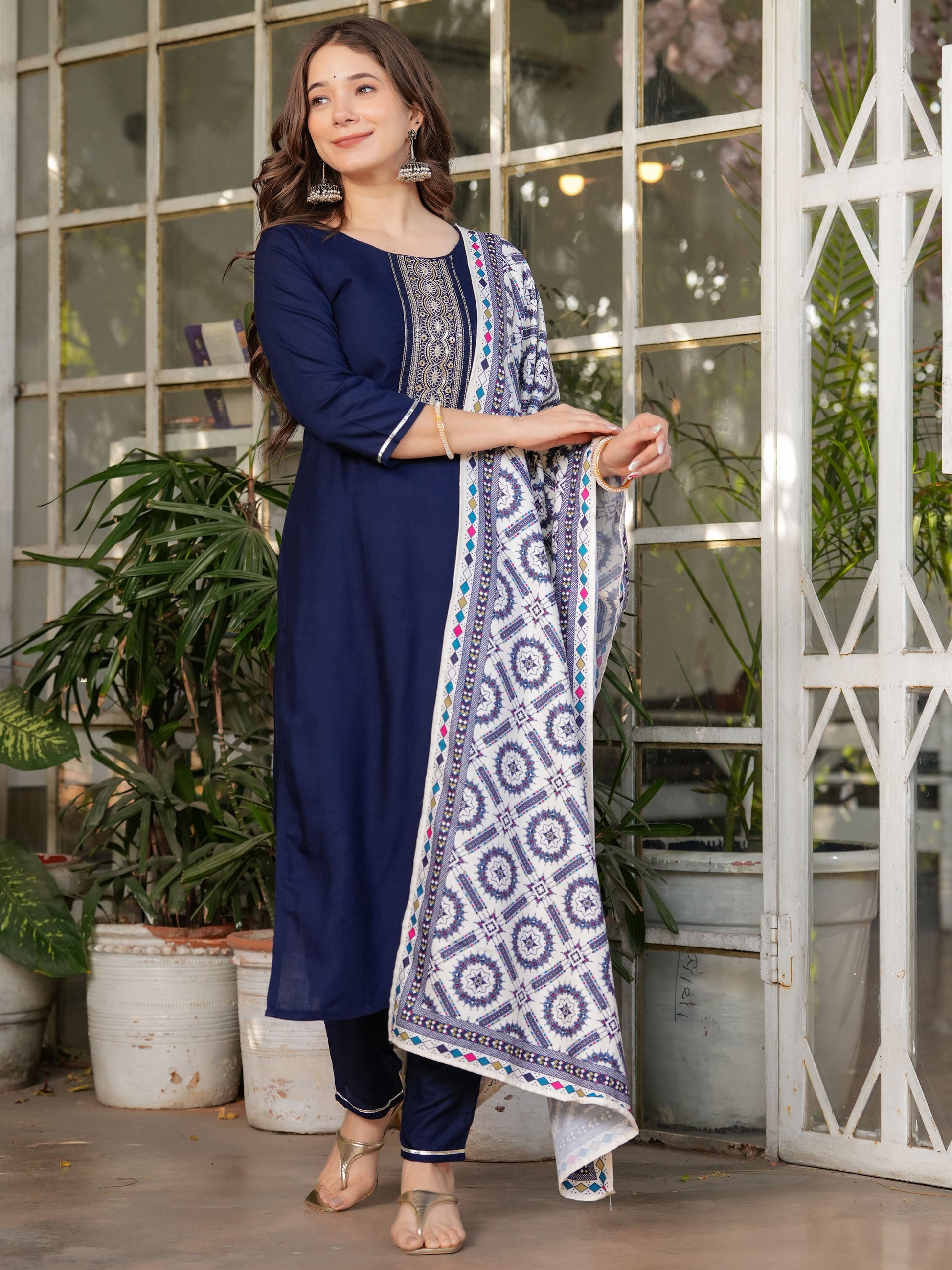 Attractive Navy Blue Rayon Thread Work Festive Wear Pant Suit With Printed Dupatta