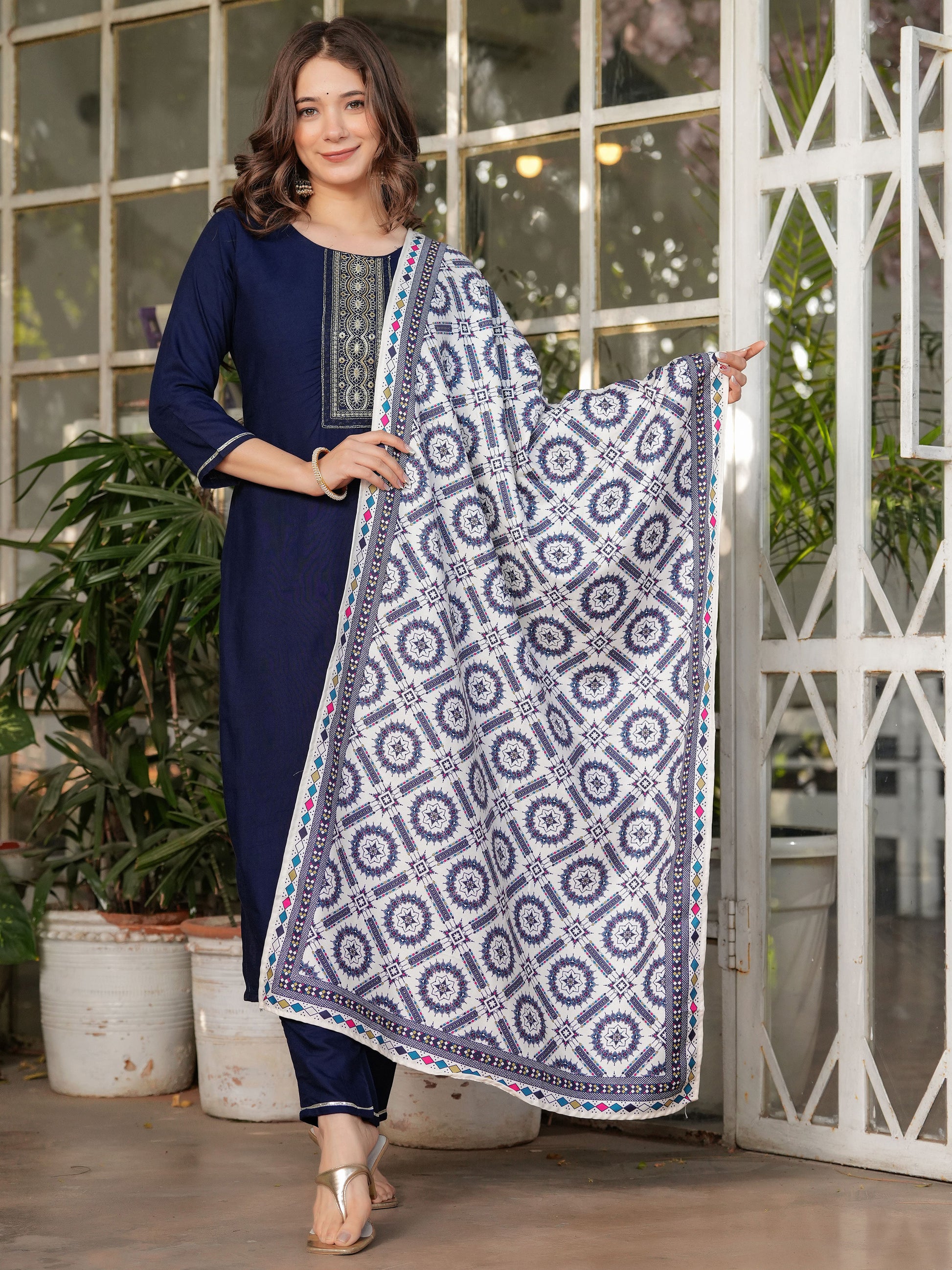 Attractive Navy Blue Rayon Thread Work Festive Wear Pant Suit With Printed Dupatta