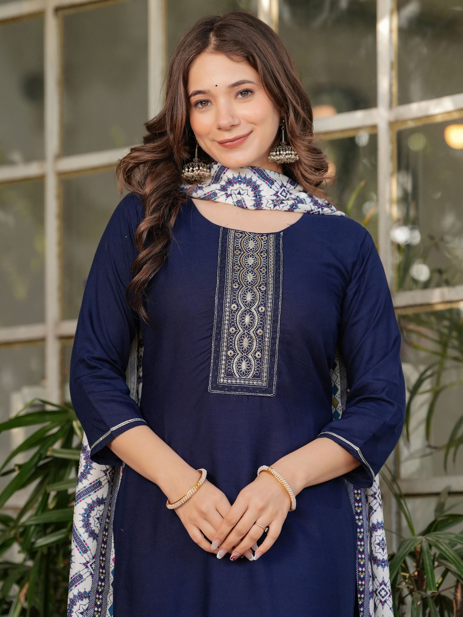 Attractive Navy Blue Rayon Thread Work Festive Wear Pant Suit With Printed Dupatta