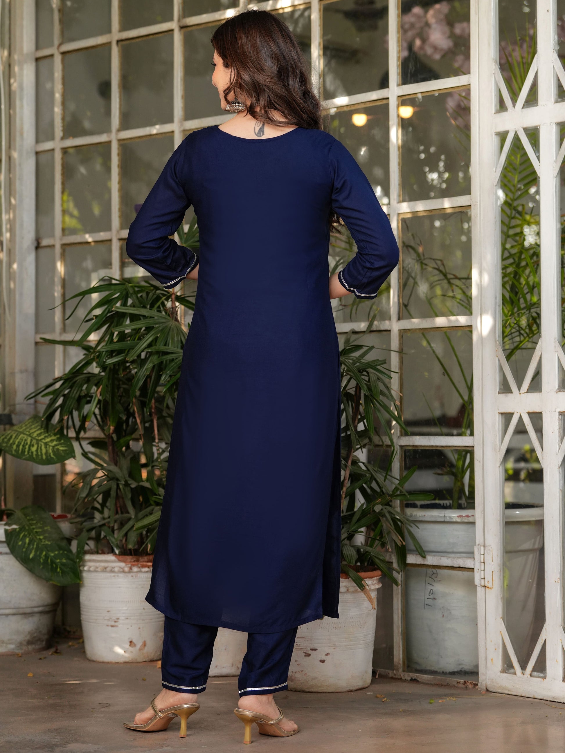 Attractive Navy Blue Rayon Thread Work Festive Wear Pant Suit With Printed Dupatta
