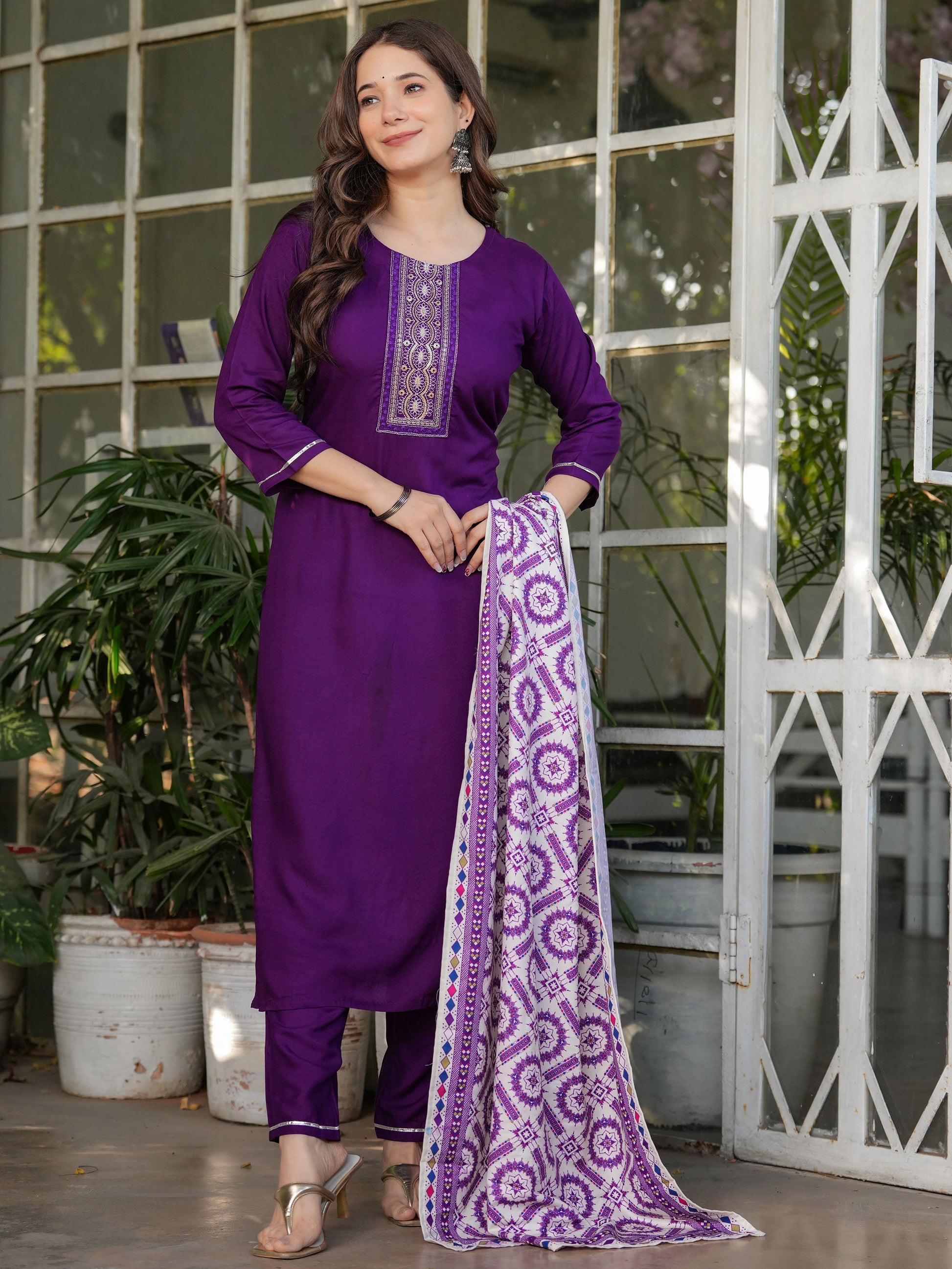 Mesmerizing Wine Rayon Thread Work Festive Wear Pant Suit With Printed Dupatta
