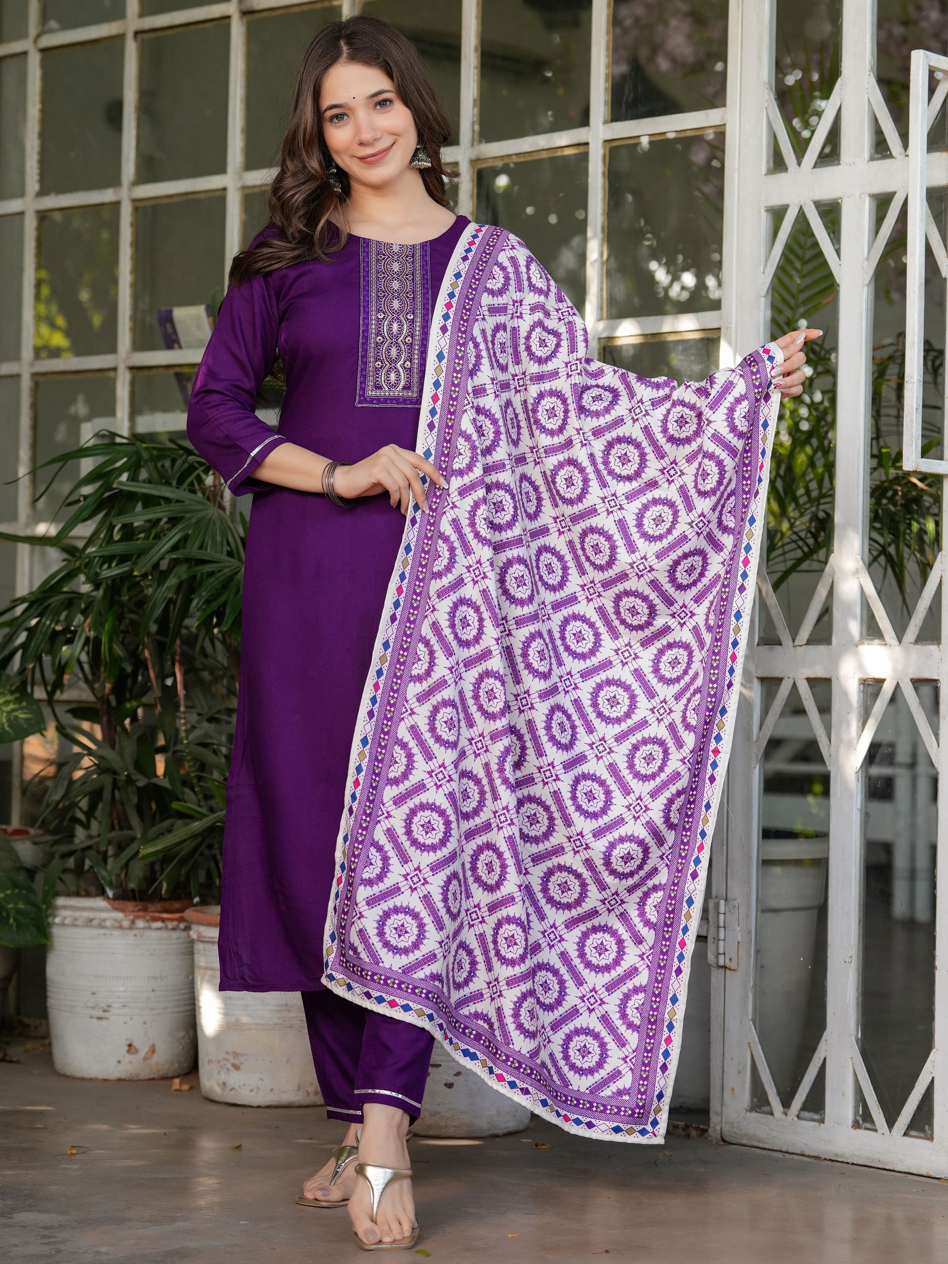 Mesmerizing Wine Rayon Thread Work Festive Wear Pant Suit With Printed Dupatta