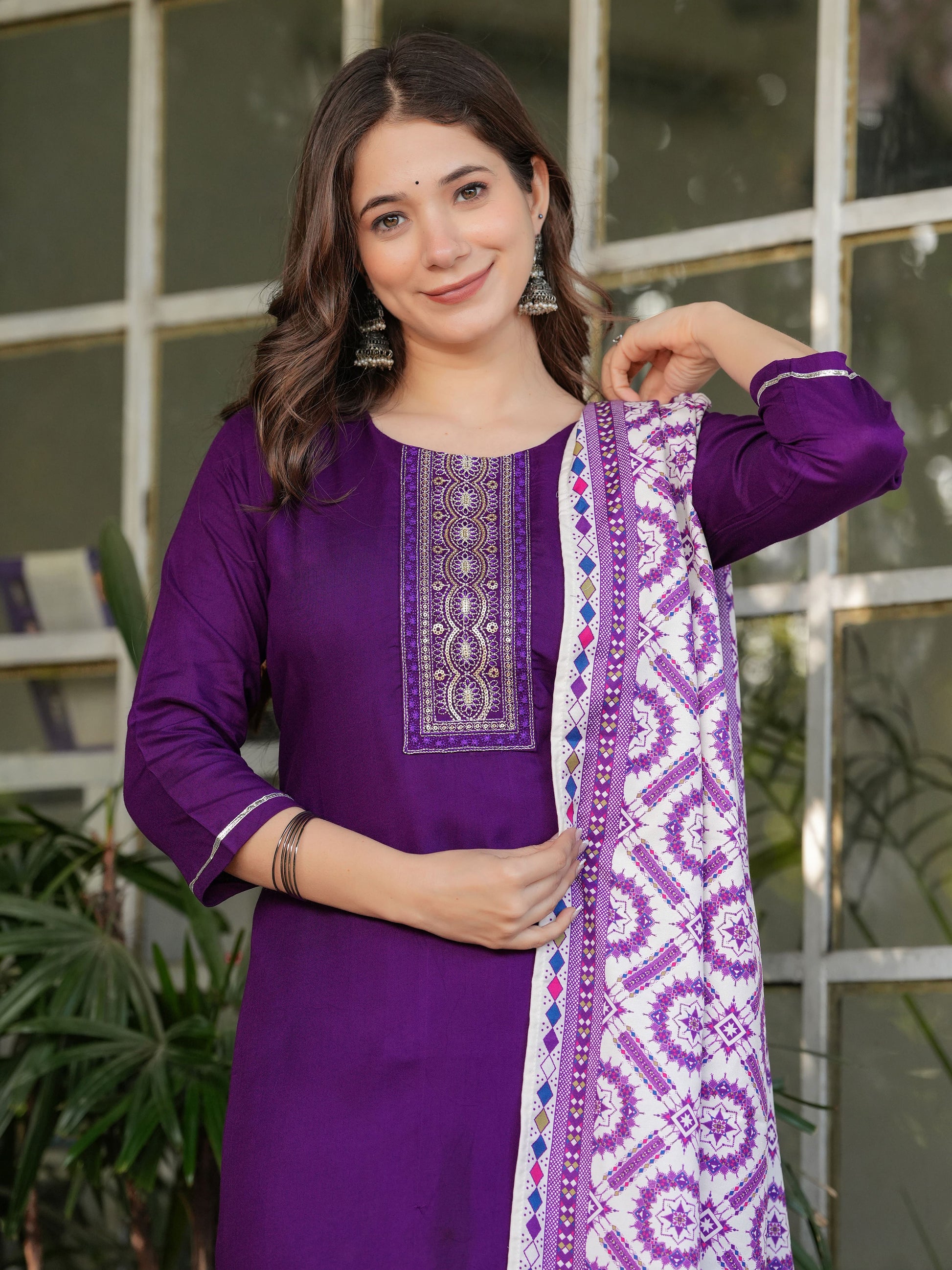 Mesmerizing Wine Rayon Thread Work Festive Wear Pant Suit With Printed Dupatta