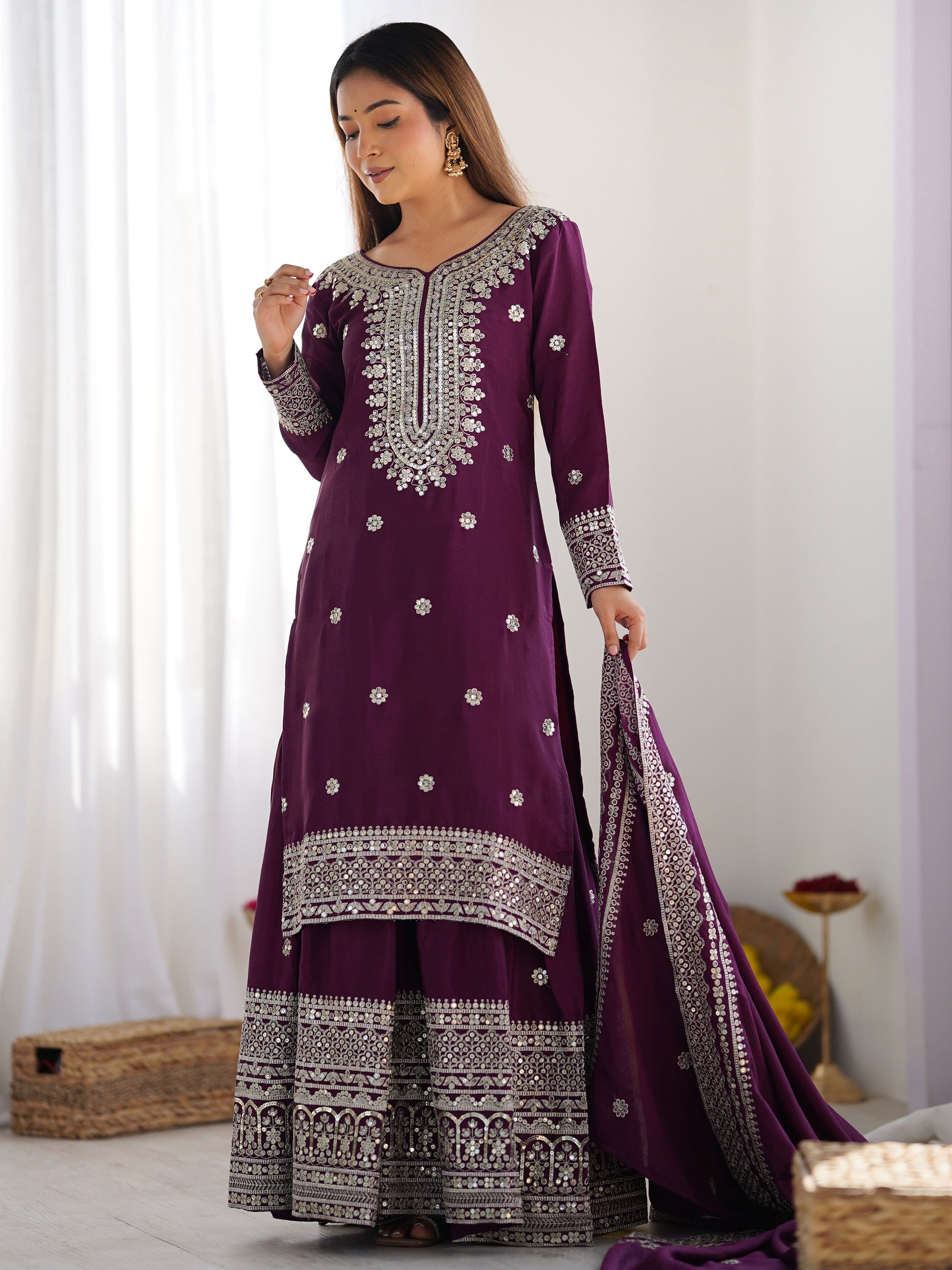 Mesmerizing Wine Sequins Chinon Bridal Wear Sharara Suit With Dupatta