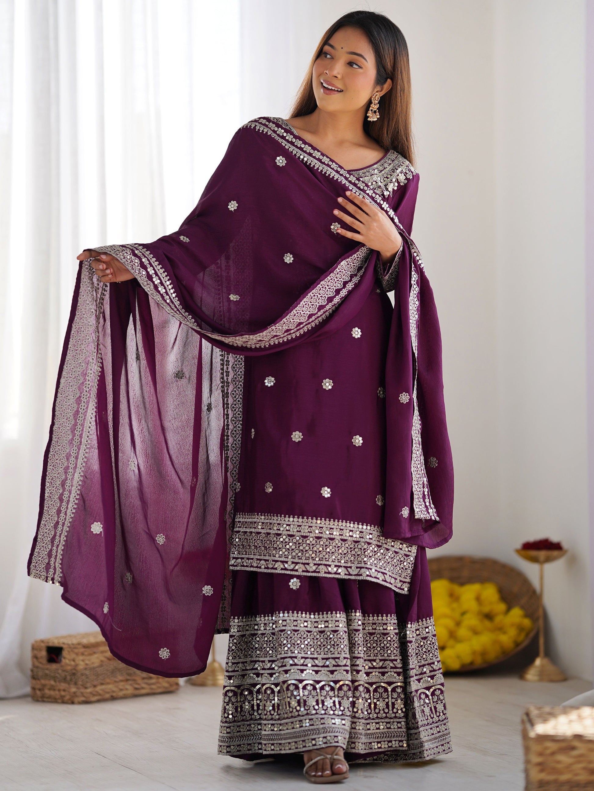 Mesmerizing Wine Sequins Chinon Bridal Wear Sharara Suit With Dupatta