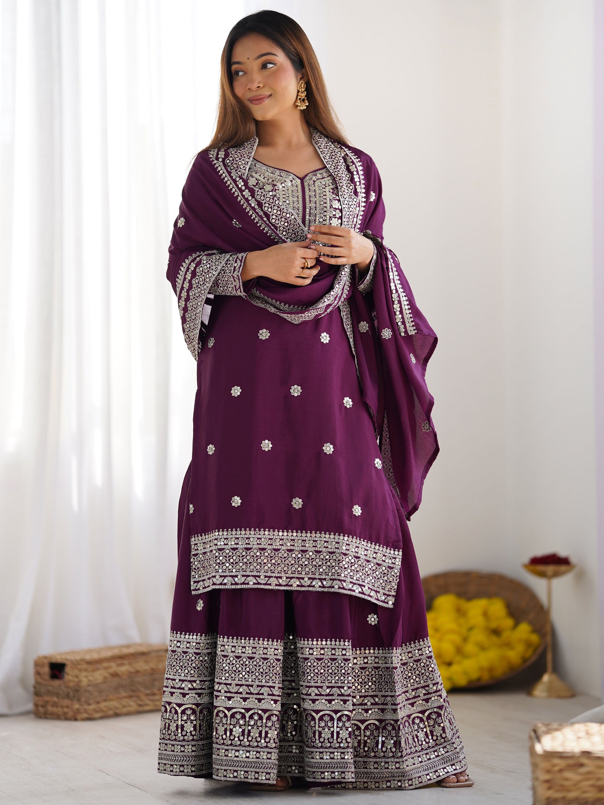 Mesmerizing Wine Sequins Chinon Bridal Wear Sharara Suit With Dupatta