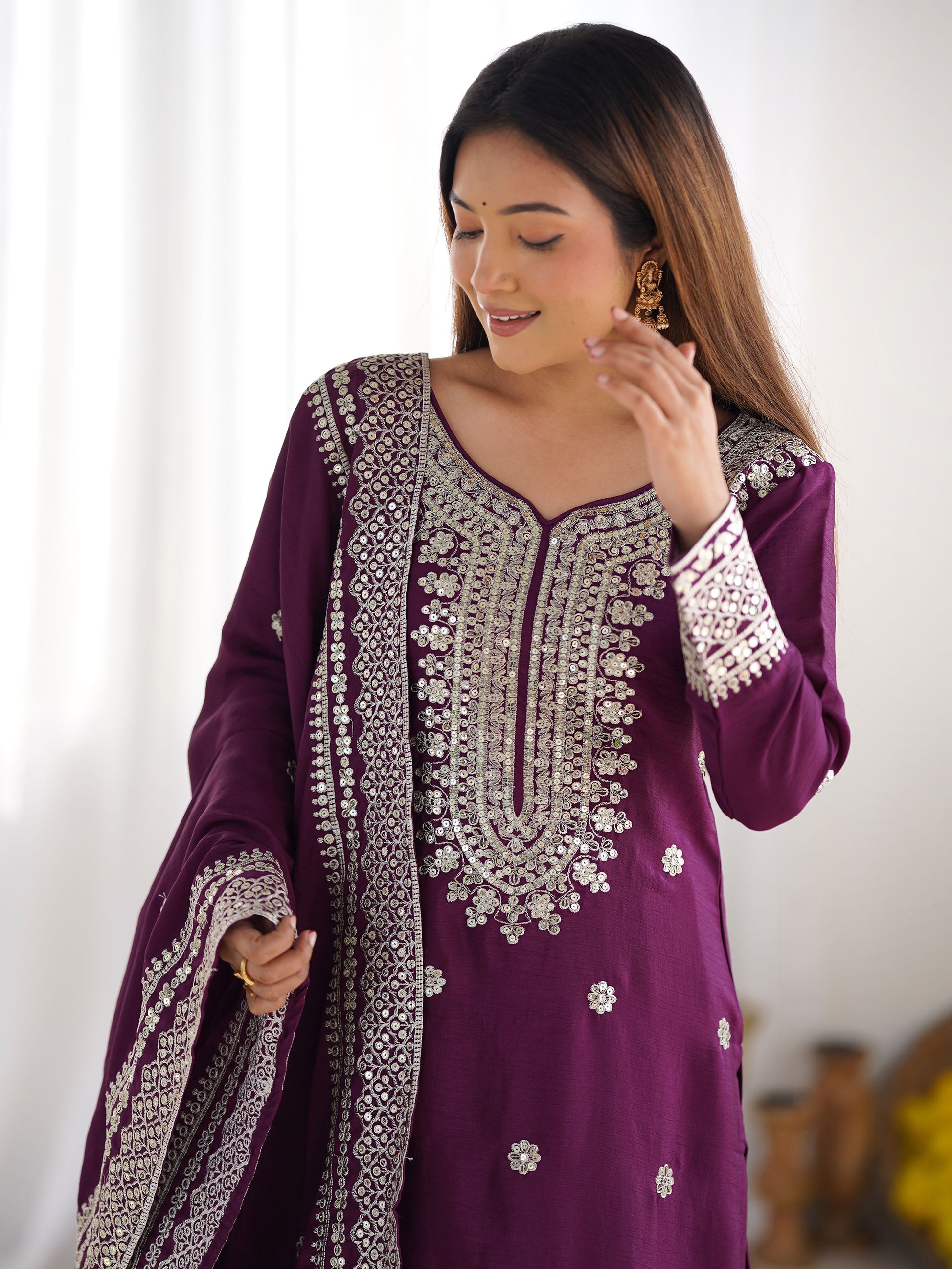 Mesmerizing Wine Sequins Chinon Bridal Wear Sharara Suit With Dupatta