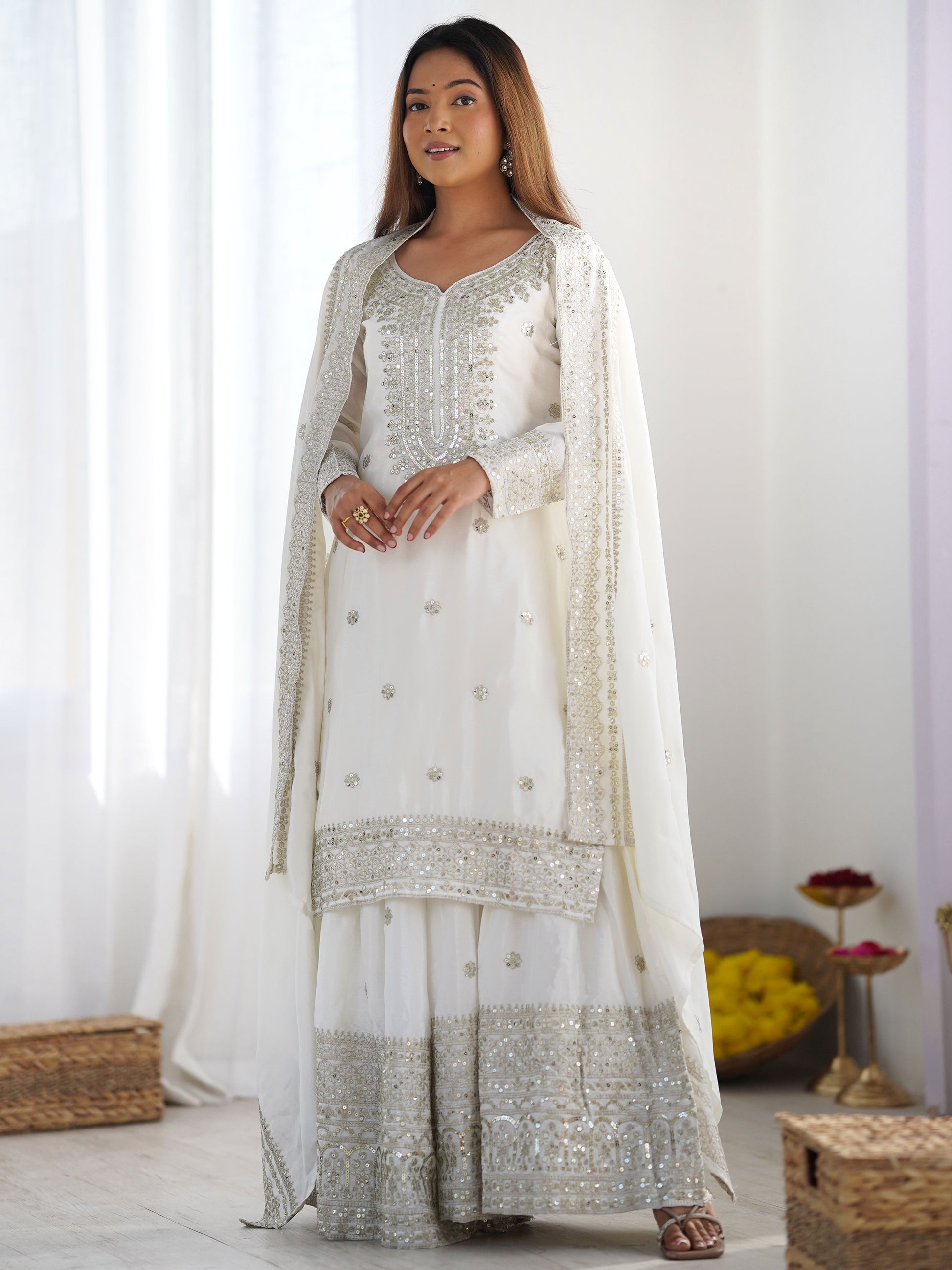 Adorable Off-White Sequins Chinon Eid Special Sharara Suit With Dupatta