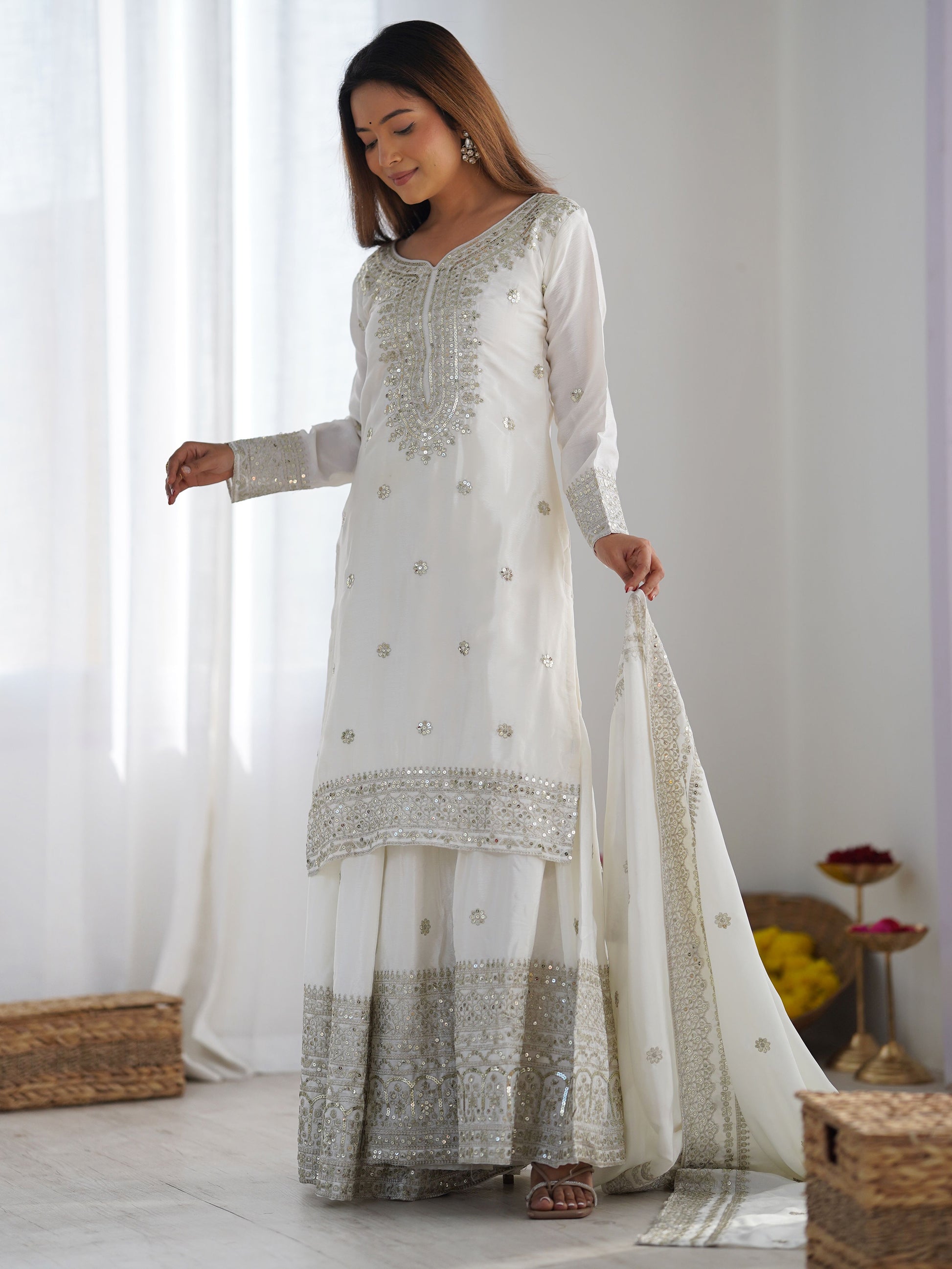 Adorable Off-White Sequins Chinon Eid Special Sharara Suit With Dupatta