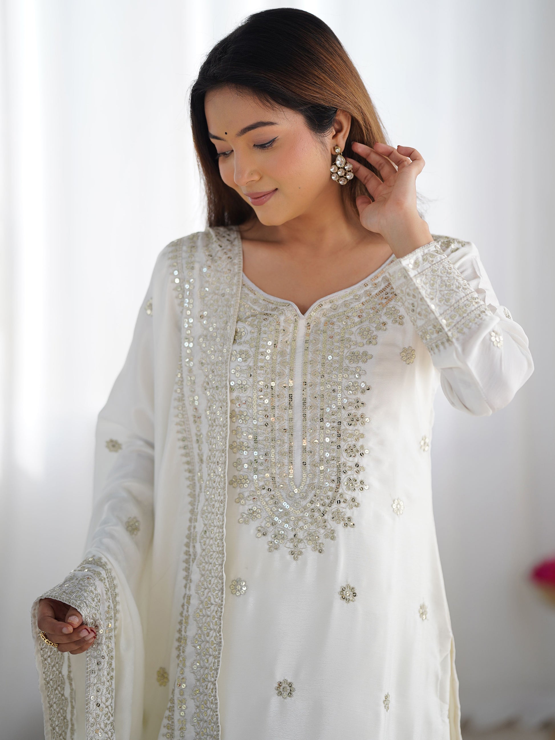 Adorable Off-White Sequins Chinon Eid Special Sharara Suit With Dupatta