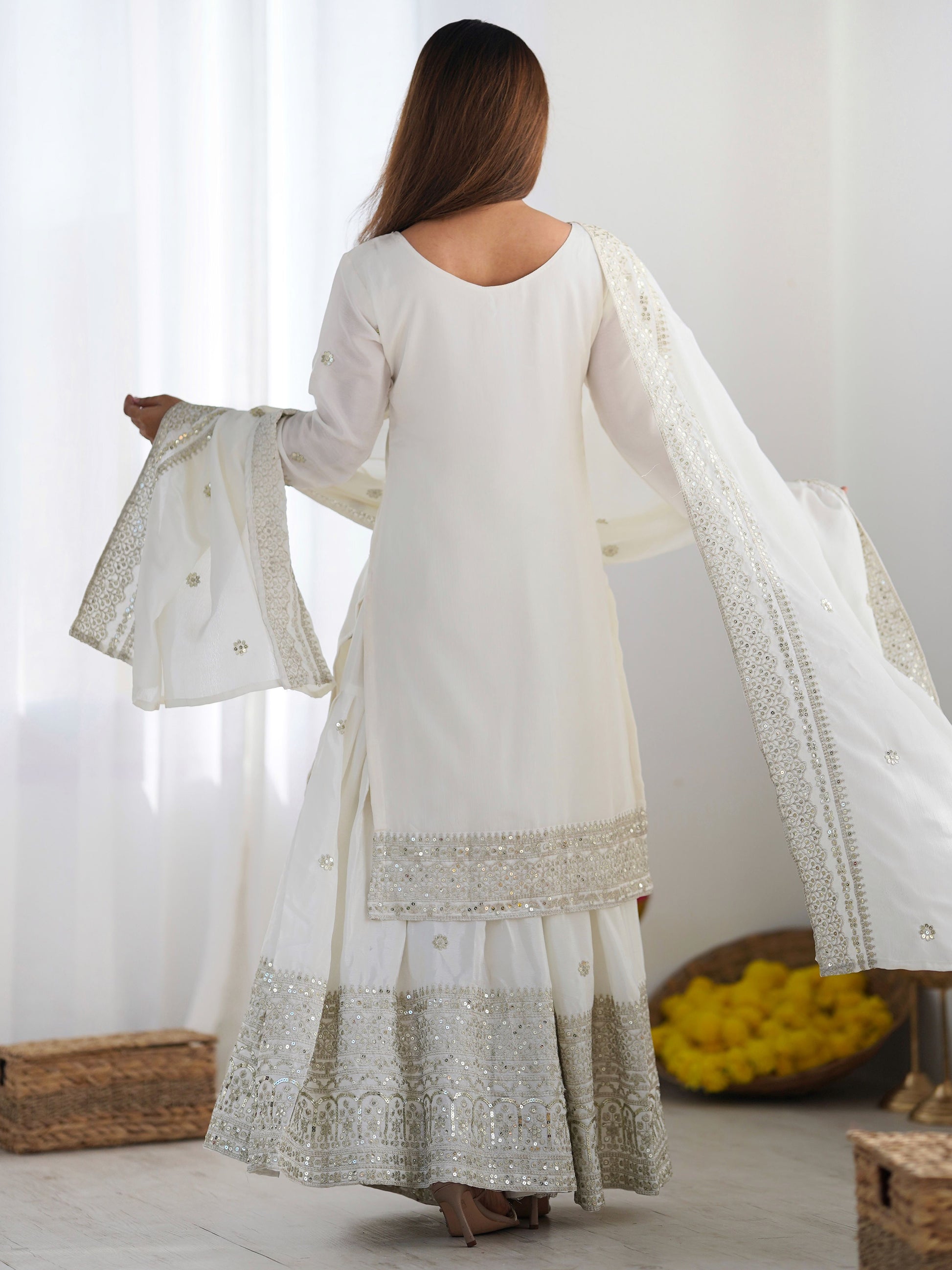 Adorable Off-White Sequins Chinon Eid Special Sharara Suit With Dupatta
