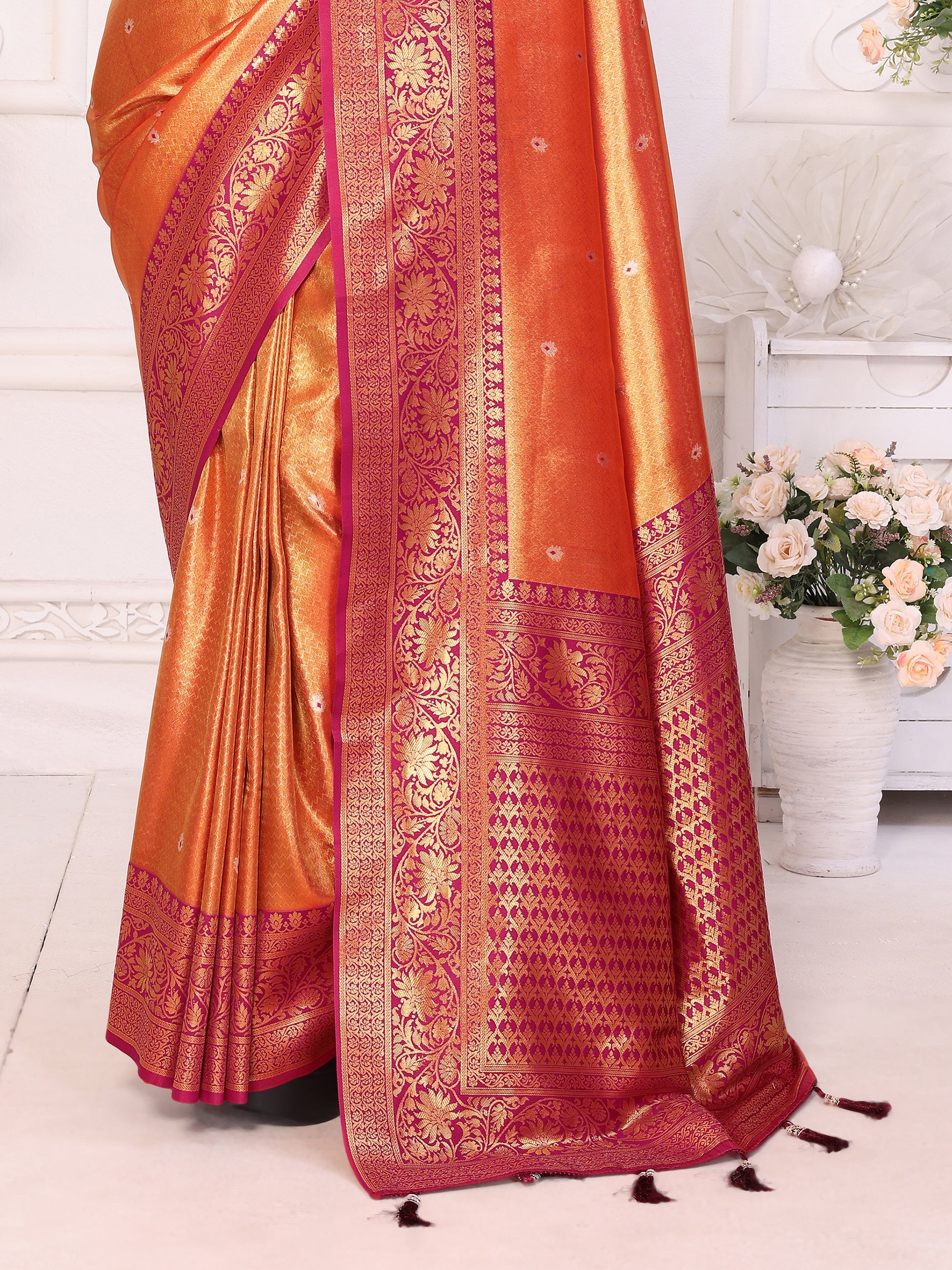 Elegant Orange Zari Weaving Banarasi Silk Festive Wear Saree With Blouse
