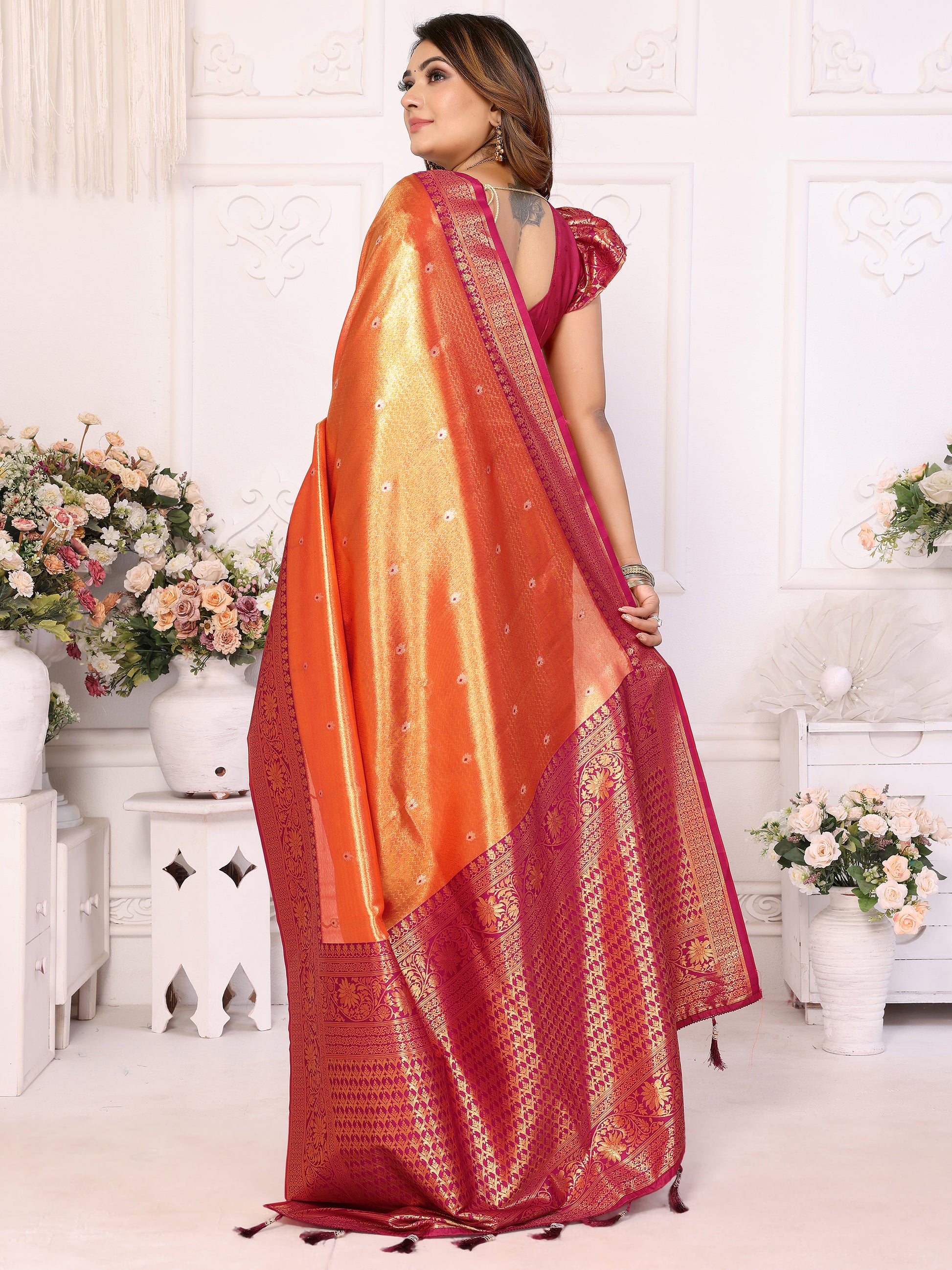Elegant Orange Zari Weaving Banarasi Silk Festive Wear Saree With Blouse