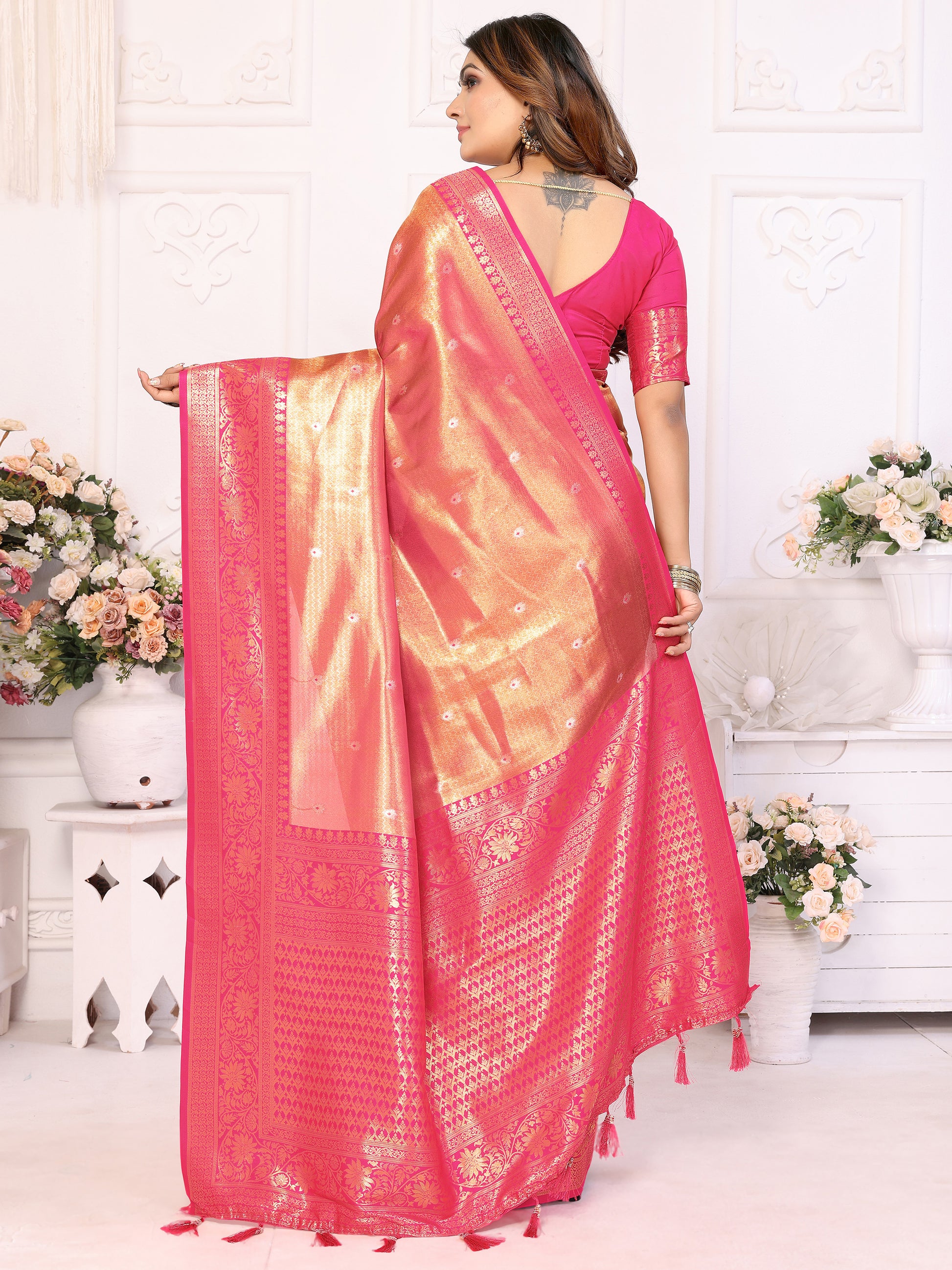 Spectacular Pink Zari Weaving Banarasi Silk Saree With Blouse