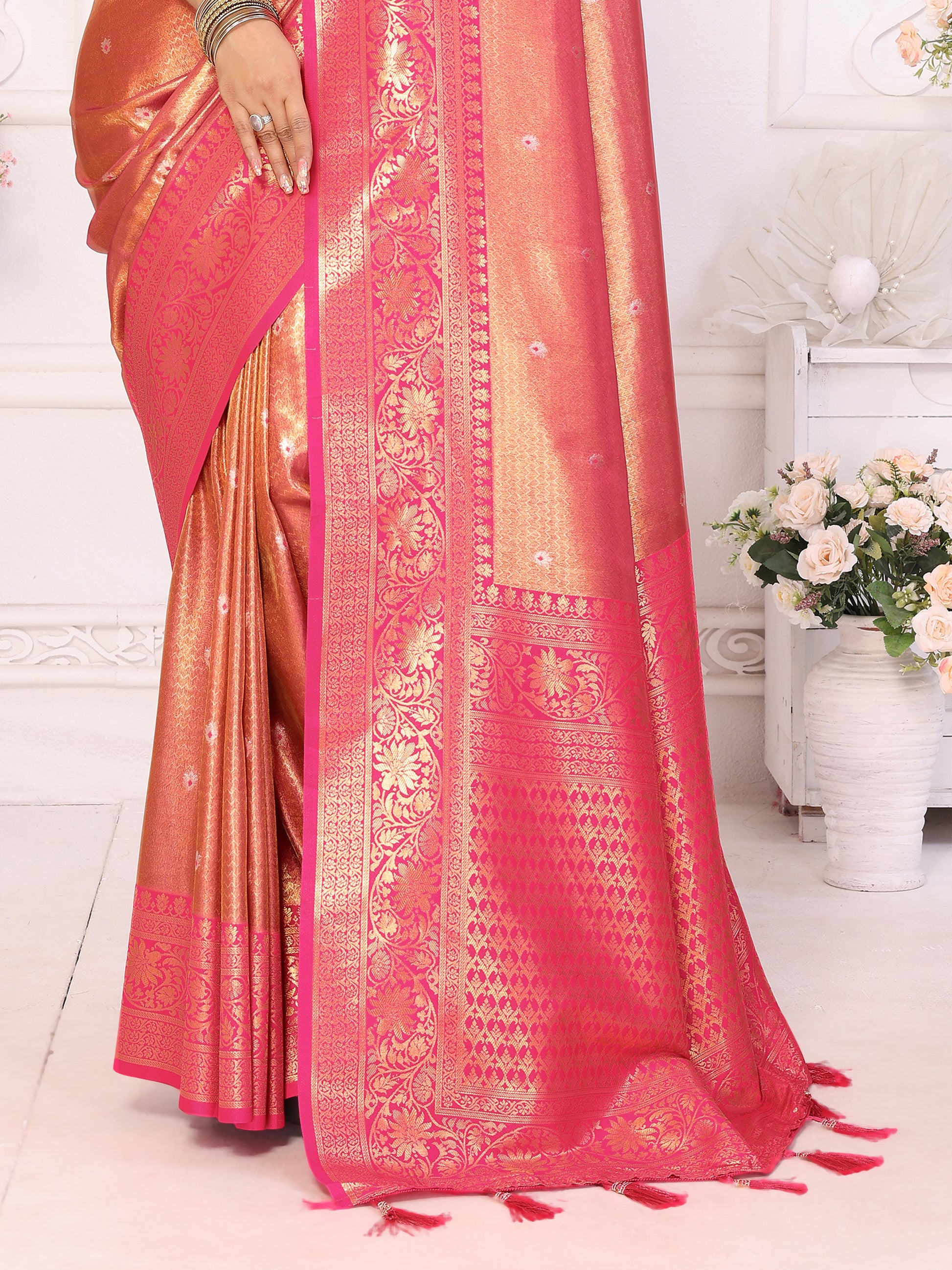 Spectacular Pink Zari Weaving Banarasi Silk Saree With Blouse