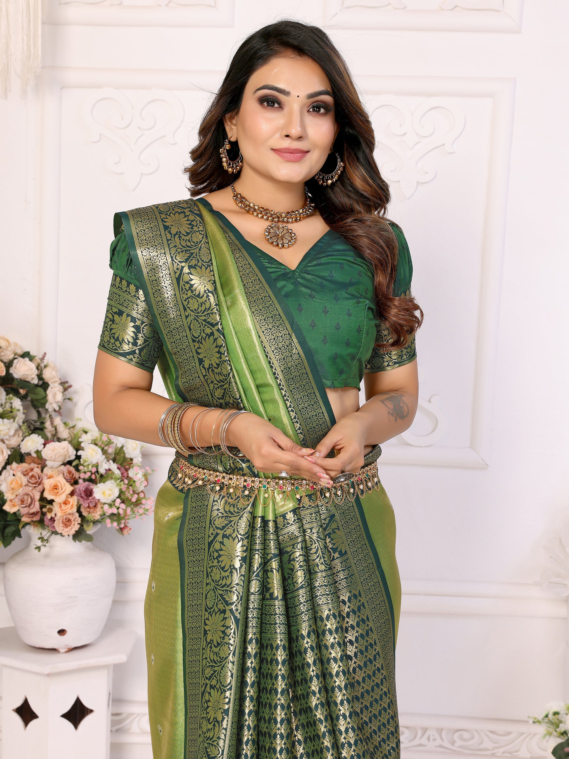 Bewitching Green Zari Weaving Banarasi Silk Evening Wear Saree